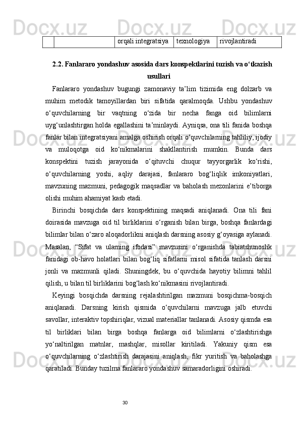 30orqali integratsiya texnologiya rivojlantiradi
2.2. Fanlararo yondashuv asosida dars konspektlarini tuzish va o‘tkazish
usullari
Fanlararo   yondashuv   bugungi   zamonaviy   ta’lim   tizimida   eng   dolzarb   va
muhim   metodik   tamoyillardan   biri   sifatida   qaralmoqda.   Ushbu   yondashuv
o‘quvchilarning   bir   vaqtning   o‘zida   bir   necha   fanga   oid   bilimlarni
uyg‘unlashtirgan holda egallashini ta’minlaydi. Ayniqsa, ona tili fanida boshqa
fanlar bilan integratsiyani amalga oshirish orqali o‘quvchilarning tahliliy, ijodiy
va   muloqotga   oid   ko‘nikmalarini   shakllantirish   mumkin.   Bunda   dars
konspektini   tuzish   jarayonida   o‘qituvchi   chuqur   tayyorgarlik   ko‘rishi,
o‘quvchilarning   yoshi,   aqliy   darajasi,   fanlararo   bog‘liqlik   imkoniyatlari,
mavzuning   mazmuni,   pedagogik   maqsadlar   va   baholash   mezonlarini   e’tiborga
olishi muhim ahamiyat kasb etadi.
Birinchi   bosqichda   dars   konspektining   maqsadi   aniqlanadi.   Ona   tili   fani
doirasida   mavzuga   oid   til   birliklarini   o‘rganish   bilan   birga,   boshqa   fanlardagi
bilimlar bilan o‘zaro aloqadorlikni aniqlash darsning asosiy g‘oyasiga aylanadi.
Masalan,   “Sifat   va   ularning   ifodasi”   mavzusini   o‘rganishda   tabiatshunoslik
fanidagi   ob-havo   holatlari   bilan   bog‘liq   sifatlarni   misol   sifatida   tanlash   darsni
jonli   va   mazmunli   qiladi.   Shuningdek,   bu   o‘quvchida   hayotiy   bilimni   tahlil
qilish, u bilan til birliklarini bog‘lash ko‘nikmasini rivojlantiradi.
Keyingi   bosqichda   darsning   rejalashtirilgan   mazmuni   bosqichma-bosqich
aniqlanadi.   Darsning   kirish   qismida   o‘quvchilarni   mavzuga   jalb   etuvchi
savollar, interaktiv topshiriqlar, vizual materiallar tanlanadi. Asosiy qismda esa
til   birliklari   bilan   birga   boshqa   fanlarga   oid   bilimlarni   o‘zlashtirishga
yo‘naltirilgan   matnlar,   mashqlar,   misollar   kiritiladi.   Yakuniy   qism   esa
o‘quvchilarning   o‘zlashtirish   darajasini   aniqlash,   fikr   yuritish   va   baholashga
qaratiladi. Bunday tuzilma fanlararo yondashuv samaradorligini oshiradi.