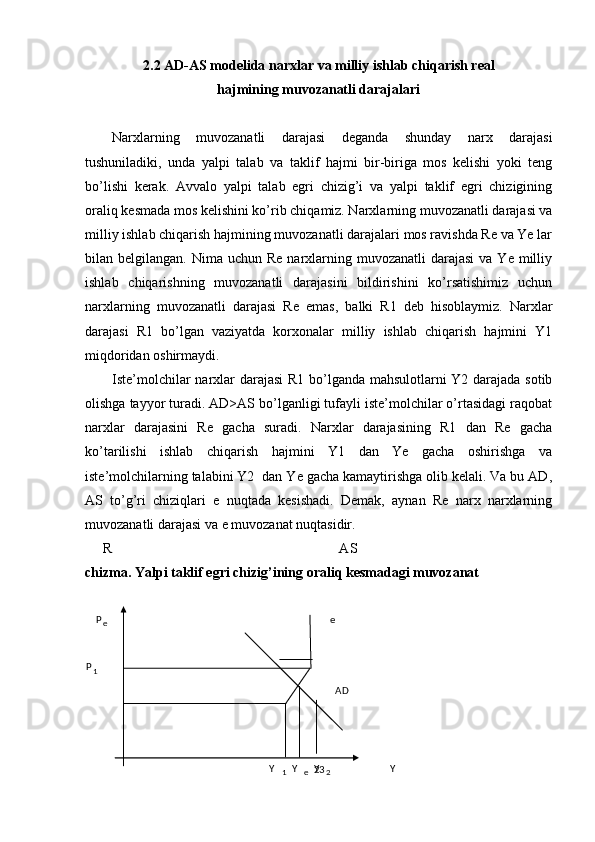 2.2 AD-AS modelida narxlar va milliy ishlab chiqarish real
hajmining muvozanatli darajalari
 
Narxlarning   muvozanatli   darajasi   deganda   shunday   narx   darajasi
tushuniladiki,   unda   yalpi   talab   va   taklif   hajmi   bir-biriga   mos   kelishi   yoki   teng
bo’lishi   kerak.   Avvalo   yalpi   talab   egri   chizig’i   va   yalpi   taklif   egri   chizigining
oraliq kesmada mos kelishini ko’rib chiqamiz. Narxlarning muvozanatli darajasi va
milliy ishlab chiqarish hajmining muvozanatli darajalari mos ravishda Re va Ye lar
bilan belgilangan.  Nima  uchun Re  narxlarning muvozanatli   darajasi   va Ye  milliy
ishlab   chiqarishning   muvozanatli   darajasini   bildirishini   ko’rsatishimiz   uchun
narxlarning   muvozanatli   darajasi   Re   emas,   balki   R1   deb   hisoblaymiz.   Narxlar
darajasi   R1   bo’lgan   vaziyatda   korxonalar   milliy   ishlab   chiqarish   hajmini   Y1
miqdoridan oshirmaydi. 
Iste’molchilar narxlar darajasi  R1 bo’lganda mahsulotlarni Y2 darajada sotib
olishga tayyor turadi. AD>AS bo’lganligi tufayli iste’molchilar o’rtasidagi raqobat
narxlar   darajasini   Re   gacha   suradi.   Narxlar   darajasining   R1   dan   Re   gacha
ko’tarilishi   ishlab   chiqarish   hajmini   Y1   dan   Ye   gacha   oshirishga   va
iste’molchilarning talabini Y2  dan Ye gacha kamaytirishga olib kelali. Va bu AD,
AS   to’g’ri   chiziqlari   e   nuqtada   kesishadi.   Demak,   aynan   Re   narx   narxlarning
muvozanatli darajasi va e muvozanat nuqtasidir. 
      R                                                                 AS 
chizma. Yalpi taklif egri chizig’ining oraliq kesmadagi muvozanat 
23     P
e                                                                         e  
      
  P
1                                                                                                     
                                                                                 AD  
 
 
                                                     Y 
1    Y 
e    Y 
2                     Y                                               