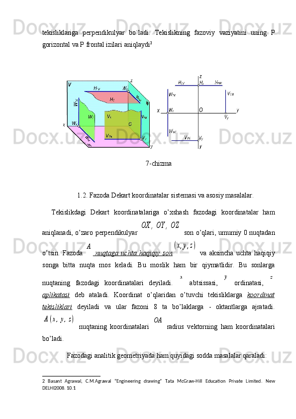 tekisliklariga   perpendikulyar   bo`ladi.   Tekislikning   fazoviy   vaziyatini   uning   P
gorizontal va P frontal izilari aniqlaydi 2
 
 
 
7-chizma
 
1.2.  Fazoda Dekart koordinatalar sistemasi va asosiy masalalar.
Tekislikdagi   Dekart   koordinatalariga   o’xshash   fazodagi   koordinatalar   ham
aniqlanadi, o’zaro perpendikulyar  OX	,OY	,OZ   son o’qlari, umumiy 0 nuqtadan
o’tsin.   Fazoda  	
A   nuqtaga   uchta   haqiqiy   son	(x,y,z)   va   aksincha   uchta   haqiqiy
songa   bitta   nuqta   mos   keladi.   Bu   moslik   ham   bir   qiymatlidir.   Bu   sonlarga
nuqtaning   fazodagi   koordinatalari   deyiladi.  	
x   abtsissasi,  	y   ordinatasi,  	z
aplikatasi   deb   ataladi.   Koordinat   o’qlaridan   o’tuvchi   tekisliklarga   koordinat
tekisliklari   deyiladi   va   ular   fazoni   8   ta   bo’laklarga   -   oktantlarga   ajratadi.	
A	(x,y,z)
  nuqtaning   koordinatalari  	OA   radius   vektorning   ham   koordinatalari
bo’ladi.
Fazodagi analitik geometriyada ham quyidagi sodda masalalar qaraladi: 
2   Basant   Agrawal,   C.M.Agrawal   “Engineering   drawing”   Tata   McGraw-Hill   Education   Private   Limited.   New
DELHI2008. 10.1  