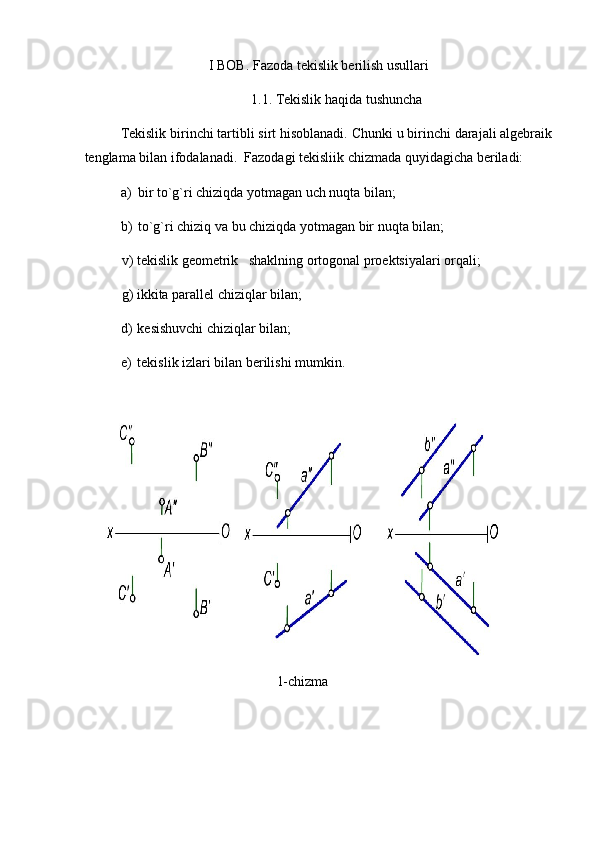 I BOB. Fazoda tekislik berilish usullari
1.1. Tekislik haqida tushuncha
Tekislik birinchi tartibli sirt hisoblanadi. Chunki u birinchi darajali algebraik
tenglama bilan ifodalanadi.   Fazodagi tekisliik chizmada quyidagicha beriladi: 
a) bir to`g`ri chiziqda yotmagan uch nuqta bilan; 
b) to`g`ri chiziq va bu chiziqda yotmagan bir nuqta bilan; 
v) tekislik geometrik   shaklning ortogonal proektsiyalari orqali; 
g) ikkita parallel chiziqlar bilan; 
d) kesishuvchi chiziqlar bilan; 
e) tekislik izlari bilan berilishi mumkin. 
 
1-chizma