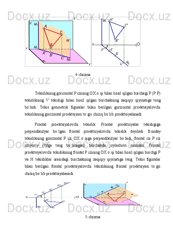 4-chizma
 
Tekislikning gorizontal P izining OX o`qi bilan hosil qilgan burchagi P (P P)
tekislikning   V   tekisligi   bilan   hosil   qilgan   burchakning   xaqiqiy   qiymatiga   teng
bo`ladi.   Tekis   geometrik   figuralar   bilan   berilgan   gorizontal   proektsiyalovchi
tekislikning gorizontal proektsiyasi to`gri chiziq bo`lib proektsiyalanadi. 
Frontal   proektsiyalovchi   tekislik.   Frontal   proektsiyalar   tekisligiga
perpendikulyar   bo`lgan   frontal   proektsiyalovchi   tekislik   deyiladi.   Bunday
tekislikning   gorizontal   P   izi   OX   o`qiga   perpendikulyar   bo`ladi,   frontal   izi   P   izi
ixtiyoriy   (90ga   teng   bo`lmagan)   burchakda   joylashuvi   mumkin.   Frontal
proektsiyalovchi tekislikning frontal P izining OX o`qi bilan hosil qilgan burchgi P
va   H   tekisliklar   orasidagi   burchakning   xaqiqiy   qiymatiga   teng.   Tekis   figuralar
bilan   berilgan   frontal   proektsiyalovchi   tekislikning   frontal   proektsiyasi   to`gri
chiziq bo`lib proektsiyalanadi.  
 
5-chizma 