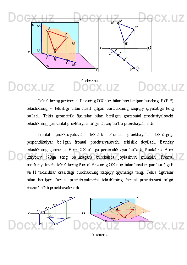 4-chizma
 
Tekislikning gorizontal P izining OX o`qi bilan hosil qilgan burchagi P (P P)
tekislikning   V   tekisligi   bilan   hosil   qilgan   burchakning   xaqiqiy   qiymatiga   teng
bo`ladi.   Tekis   geometrik   figuralar   bilan   berilgan   gorizontal   proektsiyalovchi
tekislikning gorizontal proektsiyasi to`gri chiziq bo`lib proektsiyalanadi. 
Frontal   proektsiyalovchi   tekislik.   Frontal   proektsiyalar   tekisligiga
perpendikulyar   bo`lgan   frontal   proektsiyalovchi   tekislik   deyiladi.   Bunday
tekislikning   gorizontal   P   izi   OX   o`qiga   perpendikulyar   bo`ladi,   frontal   izi   P   izi
ixtiyoriy   (90ga   teng   bo`lmagan)   burchakda   joylashuvi   mumkin.   Frontal
proektsiyalovchi tekislikning frontal P izining OX o`qi bilan hosil qilgan burchgi P
va   H   tekisliklar   orasidagi   burchakning   xaqiqiy   qiymatiga   teng.   Tekis   figuralar
bilan   berilgan   frontal   proektsiyalovchi   tekislikning   frontal   proektsiyasi   to`gri
chiziq bo`lib proektsiyalanadi.  
 
5-chizma