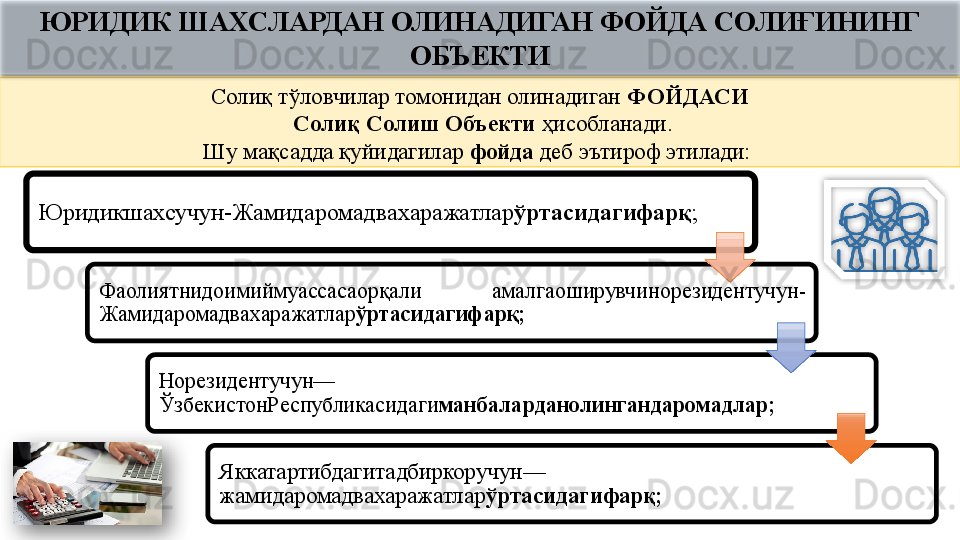 Юридикшахсучун-Жамидаромадвахаражатлар ўртасидагифарқ ;
Фаолиятнидоимиймуассасаорқали  амалгаоширувчинорезидентучун-
Жамидаромадвахаражатлар ўртасидагифарқ;
Норезидентучун—
ЎзбекистонРеспубликасидаги манбаларданолингандаромадлар;
Яккатартибдагитадбиркоручун—
жамидаромадвахаражатлар ўртасидагифарқ;Солиқ тўловчилар томонидан олинадиган  ФОЙДАСИ
  Солиқ Солиш Объекти  ҳисобланади.
Шу мақсадда қуйидагилар  фойда  деб эътироф этилади: ЮРИДИК ШАХСЛАРДАН ОЛИНАДИГАН ФОЙДА СОЛИҒИНИНГ 
ОБЪЕКТИ    