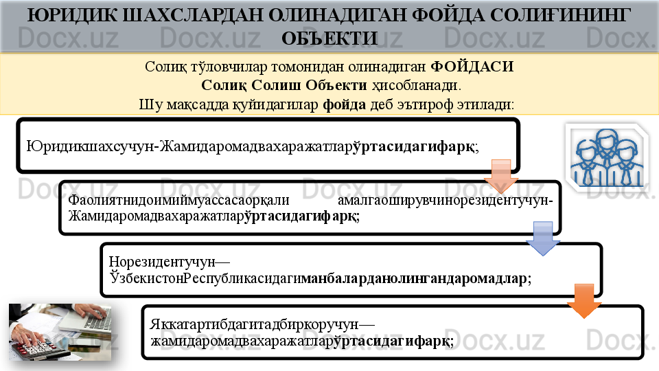 Юридикшахсучун-Жамидаромадвахаражатлар ўртасидагифарқ ;
Фаолиятнидоимиймуассасаорқали  амалгаоширувчинорезидентучун-
Жамидаромадвахаражатлар ўртасидагифарқ;
Норезидентучун—
ЎзбекистонРеспубликасидаги манбаларданолингандаромадлар;
Яккатартибдагитадбиркоручун—
жамидаромадвахаражатлар ўртасидагифарқ;Солиқ тўловчилар томонидан олинадиган  ФОЙДАСИ
  Солиқ Солиш Объекти  ҳисобланади.
Шу мақсадда қуйидагилар  фойда  деб эътироф этилади: ЮРИДИК ШАХСЛАРДАН ОЛИНАДИГАН ФОЙДА СОЛИҒИНИНГ 
ОБЪЕКТИ