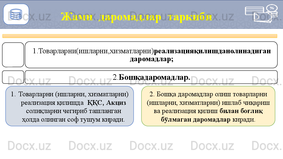 Жами  даромадлар     таркиби
1.Товарларни(ишларни,хизматларни) реализацияқилишданолинадиган
даромадлар;
2. Бошқадаромадлар.
1. Товарларни (ишларни, хизматларни) 
реализация қилишда   ҚҚС, Акциз 
солиқларни чегириб ташланган 
ҳолда олинган соф тушум  киради. 2. Бошқа даромадлар олиш товарларни 
(ишларни, хизматларни) ишлаб чиқариш 
ва реализация қилиш  билан боғлиқ 
бўлмаган даромадлар  киради. 