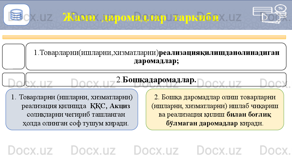 Жами  даромадлар     таркиби
1.Товарларни(ишларни,хизматларни) реализацияқилишданолинадиган
даромадлар;
2. Бошқадаромадлар.
1. Товарларни (ишларни, хизматларни) 
реализация қилишда   ҚҚС, Акциз 
солиқларни чегириб ташланган 
ҳолда олинган соф тушум  киради. 2. Бошқа даромадлар олиш товарларни 
(ишларни, хизматларни) ишлаб чиқариш 
ва реализация қилиш  билан боғлиқ 
бўлмаган даромадлар  киради.
