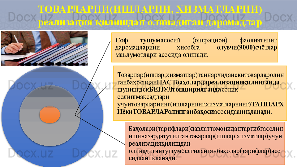 ТОВАРЛАРНИ(ИШЛАРНИ, ХИЗМАТЛАРНИ)
реализация қилишдан олинадиган даромадлар
Соф  тушум асосий  (операцион)  фаолиятнинг 
даромадларини  ҳисобга  олувчи (9000) счётлар 
маълумотлари асосида олинади.
Товарлар(ишлар,хизматлар)таннархиданёкитоварларолин
ганбаҳосидан ПАСТбаҳолардареализацияқилинганда ,
шунингдек БЕПУЛтопширилганда солиқ 
солишмақсадлари 
учунтоварларнинг(ишларнинг,хизматларнинг) ТАННАРХ
И ёки ТОВАРЛАРолинганбаҳоси асосидааниқланади.
Баҳолари(тарифлари)давлаттомонидантартибгасолин
ишиназардатутилгантоварлар(ишлар,хизматлар)учун
реализацияқилишдан 
олинадигантушумбелгиланганбаҳолар(тарифлар)асо
сидааниқланади.    