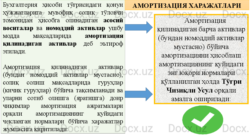 Бухгалтерия  ҳисоби  тўғрисидаги  қонун 
ҳужжатларига  мувофиқ  солиқ  тўловчи 
томонидан  ҳисобга  олинадиган  асосий 
воситалар  ва  номоддий  активлар  ушбу 
модда  мақсадларида  амортизация 
қилинадиган  активлар  деб  эътироф 
этилади.
Амортизация  қилинадиган  активлар 
(бундан  номоддий  активлар  мустасно), 
солиқ  солиш  мақсадларида  гуруҳлар 
(кичик  гуруҳлар)  бўйича  тақсимланади  ва 
уларни  сотиб  олишга  (яратишга)  доир 
чиқимлар  амортизация  ажратмалари 
орқали  амортизациянинг  қуйидаги 
чекланган  нормалари  бўйича  харажатлар 
жумласига киритилади: Амортизация 
қилинадиган барча активлар 
(бундан номоддий активлар 
мустасно) бўйича 
амортизацияни ҳисоблаш 
амортизациянинг қуйидаги 
энг юқори нормалари 
қўлланилган ҳолда  Тўғри 
Чизиқли Усул  орқали 
амалга оширилади:АМОРТИЗАЦИЯ ХАРАЖАТЛАРИ 