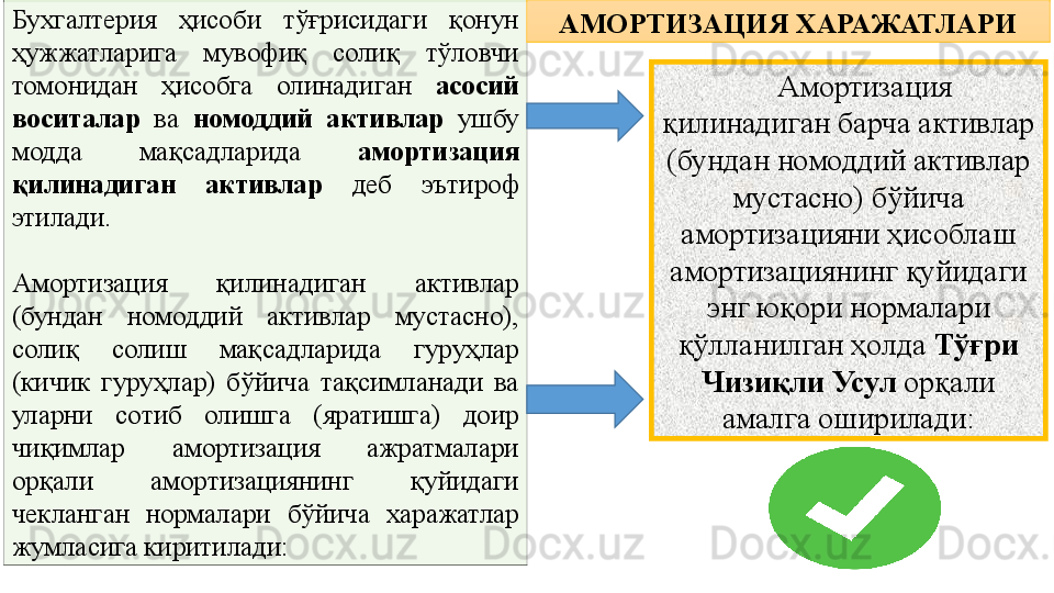 Бухгалтерия  ҳисоби  тўғрисидаги  қонун 
ҳужжатларига  мувофиқ  солиқ  тўловчи 
томонидан  ҳисобга  олинадиган  асосий 
воситалар  ва  номоддий  активлар  ушбу 
модда  мақсадларида  амортизация 
қилинадиган  активлар  деб  эътироф 
этилади.
Амортизация  қилинадиган  активлар 
(бундан  номоддий  активлар  мустасно), 
солиқ  солиш  мақсадларида  гуруҳлар 
(кичик  гуруҳлар)  бўйича  тақсимланади  ва 
уларни  сотиб  олишга  (яратишга)  доир 
чиқимлар  амортизация  ажратмалари 
орқали  амортизациянинг  қуйидаги 
чекланган  нормалари  бўйича  харажатлар 
жумласига киритилади: Амортизация 
қилинадиган барча активлар 
(бундан номоддий активлар 
мустасно) бўйича 
амортизацияни ҳисоблаш 
амортизациянинг қуйидаги 
энг юқори нормалари 
қўлланилган ҳолда  Тўғри 
Чизиқли Усул  орқали 
амалга оширилади:АМОРТИЗАЦИЯ ХАРАЖАТЛАРИ