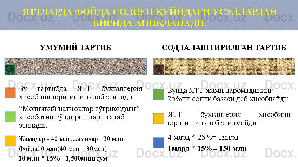 ЯТТЛАРДА ФОЙДА СОЛИҒИ ҚУЙИДАГИ УСУЛЛАРДАН 
БИРИДА АНИҚЛАНАДИ.
УМУМИЙ ТАРТИБ
Бу  тартибда  ЯТТ  бухгалтерия 
хисобини юритиши талаб этилади.
“ Молиявий натижалар тўғрисидаги” 
хисоботни тўлдиришлари талаб 
этилади.
Жамидар - 40 млн,жамихар– 30 млн.
Фойда10 млн(40 млн – 30млн)
10 млн * 15%= 1,500мингсум СОДДАЛАШТИРИЛГАН ТАРТИБ
Бунда ЯТТ жами даромадининг 
25%ни солиқ базаси деб хисоблайди.
ЯТТ  бухгалтерия  хисобини 
юритиши талаб этилмайди.
4 млрд * 25% = 1 млрд
1 млрд * 15%= 150 млн 