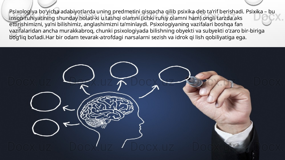 Psixologiya bo‘yicha adabiyotlarda uning predmetini qisqacha qilib psixika deb ta’rif berishadi. Psixika – bu 
inson ruhiyatining shunday holati-ki u tashqi olamni (ichki ruhiy olamni ham) ongli tarzda aks 
ettirishimizni, ya’ni bilishimiz, anglashimizni ta’minlaydi. Psixologiyaning vazifalari boshqa fan 
vazifalaridan ancha murakkabroq, chunki psixologiyada bilishning obyekti va subyekti o‘zaro bir-biriga 
bog‘liq bo‘ladi.Har bir odam tevarak-atrofdagi narsalarni sezish va idrok qi lish qobiliyatiga ega.  