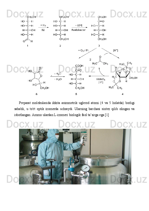 Preparat   molekulasida   ikkita   asimmetrik   uglerod   atomi   (4   va   5   holatda)   borligi
sababli,   u   to'rt   optik   izomerda   uchraydi.   Ularning   barchasi   sintez   qilib   olingan   va
isbotlangan. Ammo ulardan L-izomeri biologik faol ta’sirga ega [1] 