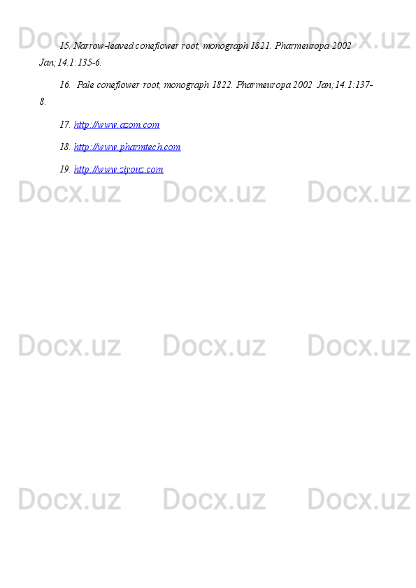 15.  Narrow-leaved coneflower root , monograph 1821. Pharmeuropa 2002 
Jan; 14.1 :135-6.
16.   Pale coneflower root , monograph 1822. Pharmeuropa 2002  Jan; 14.1 :137-
8.
17.  http://www.azom.com  
18.  http://www.pharmtech.com  
19.  http://www.ziyouz.com   