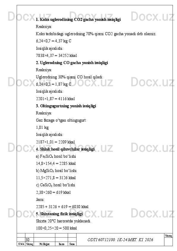 O’ lch
Va raq №  Hujjat Imzo Sana Va raq
ODTI 60712100. 1K-24 МЕТ.  KI . 20261. Koks uglerodining CO2 gacha yonish issiqligi
Reaksiya:
Koks tarkibidagi uglerodning 70% qismi CO2 gacha yonadi deb olamiz.
6,24×0,7 = 4,37 kg C
Issiqlik ajralishi:
7838×4,37 = 34252 kkal
2. Uglerodning CO gacha yonish issiqligi
Reaksiya:
Uglerodning 30% qismi CO hosil qiladi:
6,24×0,3 = 1,87 kg C
Issiqlik ajralishi:
2201×1,87 = 4116 kkal
3. Oltingugurtning yonish issiqligi
Reaksiya:
Gaz fazaga o‘tgan oltingugurt:
1,01 kg
Issiqlik ajralishi:
2187×1,01 = 2209 kkal
4. Shlak hosil qiluvchilar issiqligi
a) Fe
2 SiO
4  hosil bo‘lishi
14,8×154,4 = 2285 kkal
b) MgSiO
3  hosil bo‘lishi
11,5×271,8 = 3126 kkal
c) CaSiO
3  hosil bo‘lishi
2,38×260 = 619 kkal
Jami:
2285 + 3126 + 619 = 6030 kkal
5. Shixtaning fizik issiqligi
Shixta 20°C haroratda yuklanadi.
100×0,25×20 = 500 kkal
30 