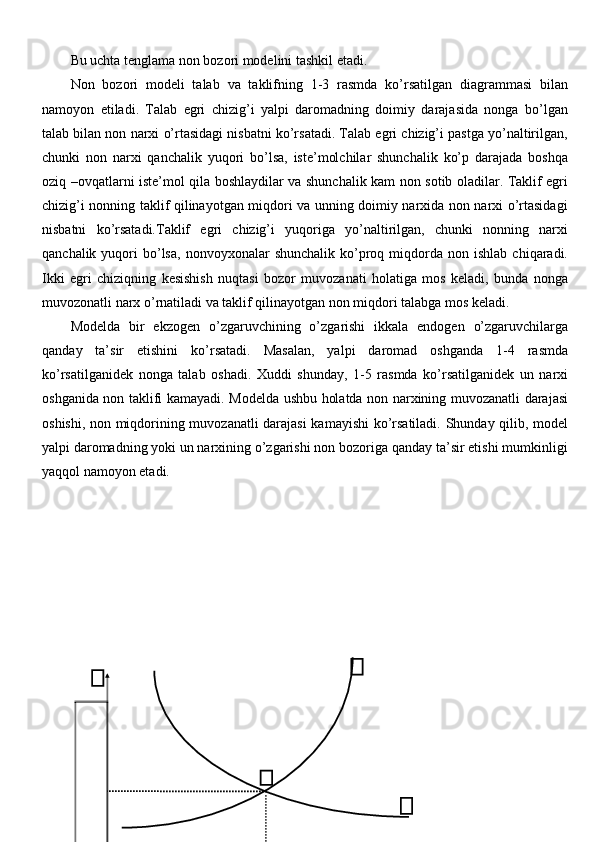 Bu uchta tenglama non bozori modelini tashkil etadi.
Non   bozori   modeli   talab   va   taklifning   1-3   rasmda   ko’rsatilgan   diagrammasi   bilan
namoyon   etiladi.   Talab   egri   chizig’i   yalpi   daromadning   doimiy   darajasida   nonga   bo’lgan
talab bilan non narxi o’rtasidagi nisbatni ko’rsatadi. Talab egri chizig’i pastga yo’naltirilgan,
chunki   non   narxi   qanchalik   yuqori   bo’lsa,   iste’molchilar   shunchalik   ko’p   darajada   boshqa
oziq –ovqatlarni iste’mol qila boshlaydilar va shunchalik kam non sotib oladilar. Taklif egri
chizig’i nonning taklif qilinayotgan miqdori va unning doimiy narxida non narxi o’rtasidagi
nisbatni   ko’rsatadi.Taklif   egri   chizig’i   yuqoriga   yo’naltirilgan,   chunki   nonning   narxi
qanchalik  yuqori   bo’lsa,   nonvoyxonalar   shunchalik  ko’proq  miqdorda  non  ishlab   chiqaradi.
Ikki   egri   chiziqning   kesishish   nuqtasi   bozor   muvozanati   holatiga   mos   keladi,   bunda   nonga
muvozonatli narx o’rnatiladi va taklif qilinayotgan non miqdori talabga mos keladi.
Modelda   bir   ekzogen   o’zgaruvchining   o’zgarishi   ikkala   endogen   o’zgaruvchilarga
qanday   ta’sir   etishini   ko’rsatadi.   Masalan,   yalpi   daromad   oshganda   1-4   rasmda
ko’rsatilganidek   nonga   talab   oshadi.   Xuddi   shunday,   1-5   rasmda   ko’rsatilganidek   un   narxi
oshganida non taklifi kamayadi. Modelda ushbu holatda non narxining muvozanatli darajasi
oshishi, non miqdorining muvozanatli darajasi kamayishi  ko’rsatiladi. Shunday qilib, model
yalpi daromadning yoki un narxining o’zgarishi non bozoriga qanday ta’sir etishi mumkinligi
yaqqol namoyon etadi. 