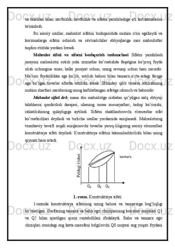 va   talablari   bilan   xavfsizlik,   xavfsizlik   va   sifatni   yaxshilashga   o'z   ko'rsatmalarini
ta'minlash.
Bu   asosiy   usullar,   mahsulot   sifatini   boshqarishda   muhim   o'rin   egallaydi   va
korxonalarga   sifatni   oshirish   va   iste'molchilar   ehtiyojlariga   mos   mahsulotlar
taqdim etishda yordam beradi.
Mahsulot   sifati   va   sifatni   boshqarish   tushunchasi   Sifatni   yaxshilash
jarayoni   mahsulotni   sotish   yoki   xizmatlar   ko’rsatishda   faqatgina   ko’proq   foyda
olish   uchungina   emas,   balki   jamiyat   uchun,   uning   ravnaqi   uchun   ham   zarurdir.
Ma’lum   foydalilikka   ega   bo’lib,   sotilish   bahosi   bilan   tannarx   o’rta-sidagi   farqga
ega   bo’lgan   tovarlar   albatta   sotilishi   kerak.   SHunday   qilib   tovarni   sotilishining
muhim shartlari-xaridorning uning kafolatlangan sifatiga ishonch va bahosidir.
Mahsulot   sifati   deb ,   mana   shu   mahsulotga   nisbatan   qo’yilgan   xalq   ehtiyoji
talablarini   qondirilish   darajasi,   ularning   xossa   xususiyatlari,   tashqi   ko’rinishi,
ishlatilishining   qulayligiga   aytiladi.   Sifatni   shakllantiruvchi   elementlar   sifat
ko’rsatkichlari   deyiladi   va   turlicha   usullar   yordamida   aniqlanadi.   Mahsulotning
texnikaviy   tavsifi   orqali   aniqlanuvchi   tovarlar   yaroq-liligining   asosiy   elementlari
konstruktsiya   sifati   deyiladi.   Konstruktsiya   sifatini   takomilashtirilishi   bilan   uning
qiymati ham ortadi.
1.-rasm.  Konstruktsiya sifati.
1-rasmda   konstruktsiya   sifatining   uning   bahosi   va   tannarxiga   bog’liqligi
ko’rsatilgan. Grafikning tannarx va baho egri chiziqlarining kesishuv nuqtalari Q1
va   Q2   bilan   ajratilgan   qismi   rentabellikni   ifodalaydi.   Baho   va   tannarx   egri
chiziqlari orasidagi eng katta masofani belgilovchi Q0 nuqtasi eng yuqori foydani 