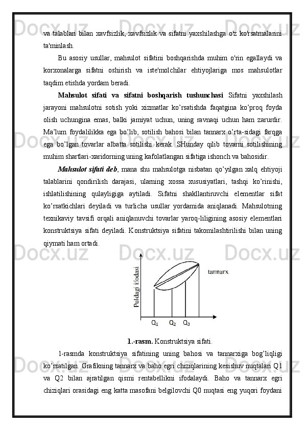 va   talablari   bilan   xavfsizlik,   xavfsizlik   va   sifatni   yaxshilashga   o'z   ko'rsatmalarini
ta'minlash.
Bu   asosiy   usullar,   mahsulot   sifatini   boshqarishda   muhim   o'rin   egallaydi   va
korxonalarga   sifatni   oshirish   va   iste'molchilar   ehtiyojlariga   mos   mahsulotlar
taqdim etishda yordam beradi.
Mahsulot   sifati   va   sifatni   boshqarish   tushunchasi   Sifatni   yaxshilash
jarayoni   mahsulotni   sotish   yoki   xizmatlar   ko’rsatishda   faqatgina   ko’proq   foyda
olish   uchungina   emas,   balki   jamiyat   uchun,   uning   ravnaqi   uchun   ham   zarurdir.
Ma’lum   foydalilikka   ega   bo’lib,   sotilish   bahosi   bilan   tannarx   o’rta-sidagi   farqga
ega   bo’lgan   tovarlar   albatta   sotilishi   kerak.   SHunday   qilib   tovarni   sotilishining
muhim shartlari-xaridorning uning kafolatlangan sifatiga ishonch va bahosidir.
Mahsulot   sifati   deb ,   mana   shu   mahsulotga   nisbatan   qo’yilgan   xalq   ehtiyoji
talablarini   qondirilish   darajasi,   ularning   xossa   xususiyatlari,   tashqi   ko’rinishi,
ishlatilishining   qulayligiga   aytiladi.   Sifatni   shakllantiruvchi   elementlar   sifat
ko’rsatkichlari   deyiladi   va   turlicha   usullar   yordamida   aniqlanadi.   Mahsulotning
texnikaviy   tavsifi   orqali   aniqlanuvchi   tovarlar   yaroq-liligining   asosiy   elementlari
konstruktsiya   sifati   deyiladi.   Konstruktsiya   sifatini   takomilashtirilishi   bilan   uning
qiymati ham ortadi.
1.-rasm.  Konstruktsiya sifati.
1-rasmda   konstruktsiya   sifatining   uning   bahosi   va   tannarxiga   bog’liqligi
ko’rsatilgan. Grafikning tannarx va baho egri chiziqlarining kesishuv nuqtalari Q1
va   Q2   bilan   ajratilgan   qismi   rentabellikni   ifodalaydi.   Baho   va   tannarx   egri
chiziqlari orasidagi eng katta masofani belgilovchi Q0 nuqtasi eng yuqori foydani