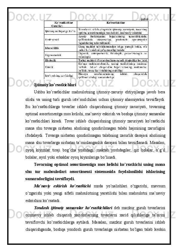 Ijtimoiy ko’rsatkichlari
Ushbu   ko’rsatkichlar   mahsulotning   ijtimoiy-zaruriy   ehtiyojlarga   javob   bera
olishi   va   uning   turli   guruh   iste’molchilari   uchun   ijtimoiy   ahamiyatini   tavsiflaydi.
Bu   ko’rsatkichlarga   tovarlar   ishlab   chiqarishning   ijtimoiy   zaruriyati,   tovarning
optimal assortimentga mos kelishi, ma’naviy eskirish va boshqa ijtimoiy samaralar
ko’rsatkichlari   kiradi.   Tovar   ishlab   chiqarishning   ijtimoiy   zaruriyati   ko’rsatkichi
mana   shu   tovarga   nisbatan   aholining   qondirilmagan   talabi   hajmining   zarurligini
ifodalaydi.   Tovarga   nisbatan   qondirilmagan   talabning   zarurlik   darajasi   aholining
mana shu tovarlarga nisbatan ta’minlanganlik darajasi bilan tavsiflanadi. Masalan,
oyoq   kiyimlar   tiraji   bog’cha   yoshdagi,   maktab   yoshdagilar,   qiz   bolalar,   o’g’il
bolalar, ayol yoki erkaklar oyoq kiyimlariga bo’linadi.
Tovarning   optimal   assortimentiga   mos   kelishi   ko’rsatkichi   uning   mana
shu   tur   mahsulotlari   assortimenti   sistemasida   foydalanilishi   ishlarining
samaradorligini   tavsiflaydi.
Ma’naviy   eskirish   ko’rsatkichi   moda   yo’nalishlari   o’zgarishi,   mavsum
o’zgarishi   yoki   yangi   sifatli   mahsulotning   yaratilishi   bilan   mahsulotni   ma’naviy
eskrishini ko’rsatadi.
Yondosh   ijtimoiy   samaralar   ko’rsatkichilari   deb   mazkur   guruh   tovarlarini
ommaviy   ishlab   chiqarish   xaridorlarning   tovarlarni   xarid   qilishlariga   ta’sirini
tavsiflovchi   ko’rsatkichlarga   aytiladi.   Masalan,   mazkur   guruh   tovarlarini   ishlab
chiqarishganda,   boshqa   yondosh   guruh   tovarlariga   nisbatan   bo’lgan   talab   keskin 