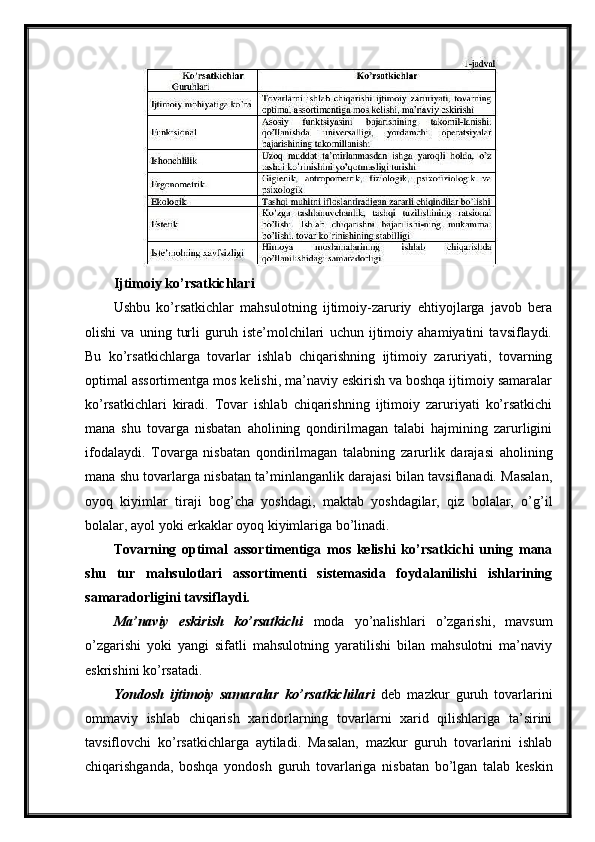 Ijtimoiy ko’rsatkichlari
Ushbu   ko’rsatkichlar   mahsulotning   ijtimoiy-zaruriy   ehtiyojlarga   javob   bera
olishi   va   uning   turli   guruh   iste’molchilari   uchun   ijtimoiy   ahamiyatini   tavsiflaydi.
Bu   ko’rsatkichlarga   tovarlar   ishlab   chiqarishning   ijtimoiy   zaruriyati,   tovarning
optimal assortimentga mos kelishi, ma’naviy eskirish va boshqa ijtimoiy samaralar
ko’rsatkichlari   kiradi.   Tovar   ishlab   chiqarishning   ijtimoiy   zaruriyati   ko’rsatkichi
mana   shu   tovarga   nisbatan   aholining   qondirilmagan   talabi   hajmining   zarurligini
ifodalaydi.   Tovarga   nisbatan   qondirilmagan   talabning   zarurlik   darajasi   aholining
mana shu tovarlarga nisbatan ta’minlanganlik darajasi bilan tavsiflanadi. Masalan,
oyoq   kiyimlar   tiraji   bog’cha   yoshdagi,   maktab   yoshdagilar,   qiz   bolalar,   o’g’il
bolalar, ayol yoki erkaklar oyoq kiyimlariga bo’linadi.
Tovarning   optimal   assortimentiga   mos   kelishi   ko’rsatkichi   uning   mana
shu   tur   mahsulotlari   assortimenti   sistemasida   foydalanilishi   ishlarining
samaradorligini   tavsiflaydi.
Ma’naviy   eskirish   ko’rsatkichi   moda   yo’nalishlari   o’zgarishi,   mavsum
o’zgarishi   yoki   yangi   sifatli   mahsulotning   yaratilishi   bilan   mahsulotni   ma’naviy
eskrishini ko’rsatadi.
Yondosh   ijtimoiy   samaralar   ko’rsatkichilari   deb   mazkur   guruh   tovarlarini
ommaviy   ishlab   chiqarish   xaridorlarning   tovarlarni   xarid   qilishlariga   ta’sirini
tavsiflovchi   ko’rsatkichlarga   aytiladi.   Masalan,   mazkur   guruh   tovarlarini   ishlab
chiqarishganda,   boshqa   yondosh   guruh   tovarlariga   nisbatan   bo’lgan   talab   keskin