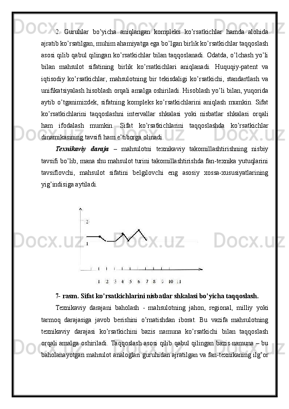 2.   Guruhlar   bo’yicha   aniqlangan   kompleks   ko’rsatkichlar   hamda   alohida
ajratib ko’rsatilgan, muhim ahamiyatga ega bo’lgan birlik ko’rsatkichlar taqqoslash
asosi qilib qabul qilingan ko’rsatkichlar bilan taqqoslanadi. Odatda, o’lchash yo’li
bilan   mahsulot   sifatining   birlik   ko’rsatkichlari   aniqlanadi.   Huquqiy-patent   va
iqtisodiy   ko’rsatkichlar,   mahsulotning   bir   tekisdaligi   ko’rsatkichi,   standartlash   va
unifikatsiyalash hisoblash orqali amalga oshiriladi. Hisoblash yo’li bilan, yuqorida
aytib   o’tganimizdek,   sifatning   kompleks   ko’rsatkichlarini   aniqlash   mumkin.   Sifat
ko’rsatkichlarini   taqqoslashni   intervallar   shkalasi   yoki   nisbatlar   shkalasi   orqali
ham   ifodalash   mumkin.   Sifat   ko’rsatkichlarini   taqqoslashda   ko’rsatkichlar
dinamikasining tavsifi ham e’tiborga olinadi.
Texnikaviy   daraja   –   mahsulotni   texnikaviy   takomillashtirishning   nisbiy
tavsifi bo’lib, mana shu mahsulot turini takomillashtirishda fan-texnika yutuqlarini
tavsiflovchi,   mahsulot   sifatini   belgilovchi   eng   asosiy   xossa-xususiyatlarining
yig’indisiga aytiladi.
7- rasm. Sifat ko’rsatkichlarini nisbatlar shkalasi bo’yicha taqqoslash.
Texnikaviy   darajani   baholash   -   mahsulotning   jahon,   regional,   milliy   yoki
tarmoq   darajasiga   javob   berishini   o’rnatishdan   iborat.   Bu   vazifa   mahsulotning
texnikaviy   darajasi   ko’rsatkichini   bazis   namuna   ko’rsatkichi   bilan   taqqoslash
orqali amalga oshiriladi. Taqqoslash asosi qilib qabul qilingan bazis namuna – bu
baholanayotgan mahsulot analoglari guruhidan ajratilgan va fan-texnikaning ilg’or 