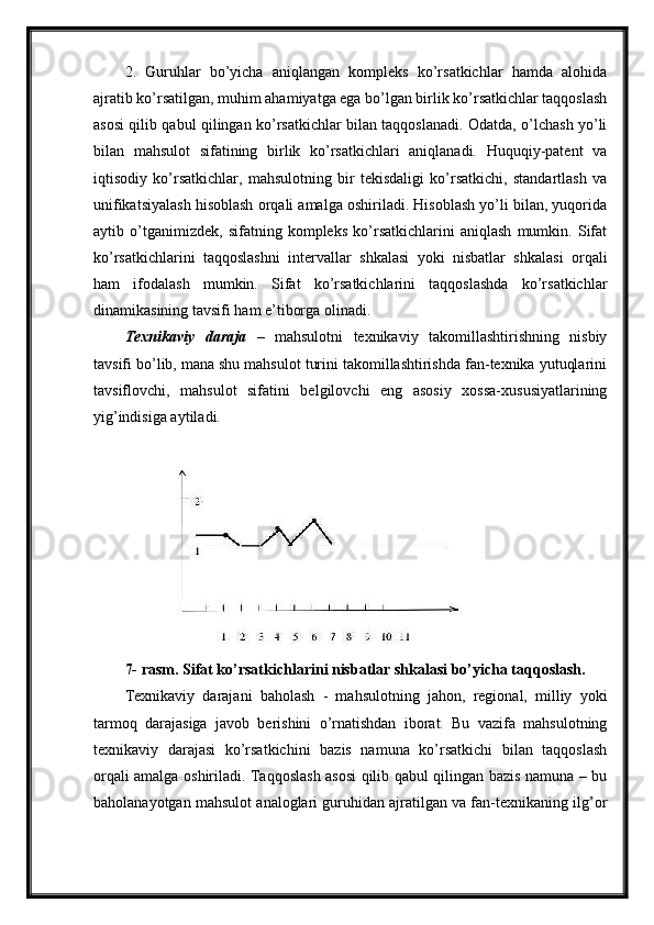2.   Guruhlar   bo’yicha   aniqlangan   kompleks   ko’rsatkichlar   hamda   alohida
ajratib ko’rsatilgan, muhim ahamiyatga ega bo’lgan birlik ko’rsatkichlar taqqoslash
asosi qilib qabul qilingan ko’rsatkichlar bilan taqqoslanadi. Odatda, o’lchash yo’li
bilan   mahsulot   sifatining   birlik   ko’rsatkichlari   aniqlanadi.   Huquqiy-patent   va
iqtisodiy   ko’rsatkichlar,   mahsulotning   bir   tekisdaligi   ko’rsatkichi,   standartlash   va
unifikatsiyalash hisoblash orqali amalga oshiriladi. Hisoblash yo’li bilan, yuqorida
aytib   o’tganimizdek,   sifatning   kompleks   ko’rsatkichlarini   aniqlash   mumkin.   Sifat
ko’rsatkichlarini   taqqoslashni   intervallar   shkalasi   yoki   nisbatlar   shkalasi   orqali
ham   ifodalash   mumkin.   Sifat   ko’rsatkichlarini   taqqoslashda   ko’rsatkichlar
dinamikasining tavsifi ham e’tiborga olinadi.
Texnikaviy   daraja   –   mahsulotni   texnikaviy   takomillashtirishning   nisbiy
tavsifi bo’lib, mana shu mahsulot turini takomillashtirishda fan-texnika yutuqlarini
tavsiflovchi,   mahsulot   sifatini   belgilovchi   eng   asosiy   xossa-xususiyatlarining
yig’indisiga aytiladi.
7- rasm. Sifat ko’rsatkichlarini nisbatlar shkalasi bo’yicha taqqoslash.
Texnikaviy   darajani   baholash   -   mahsulotning   jahon,   regional,   milliy   yoki
tarmoq   darajasiga   javob   berishini   o’rnatishdan   iborat.   Bu   vazifa   mahsulotning
texnikaviy   darajasi   ko’rsatkichini   bazis   namuna   ko’rsatkichi   bilan   taqqoslash
orqali amalga oshiriladi. Taqqoslash asosi qilib qabul qilingan bazis namuna – bu
baholanayotgan mahsulot analoglari guruhidan ajratilgan va fan-texnikaning ilg’or