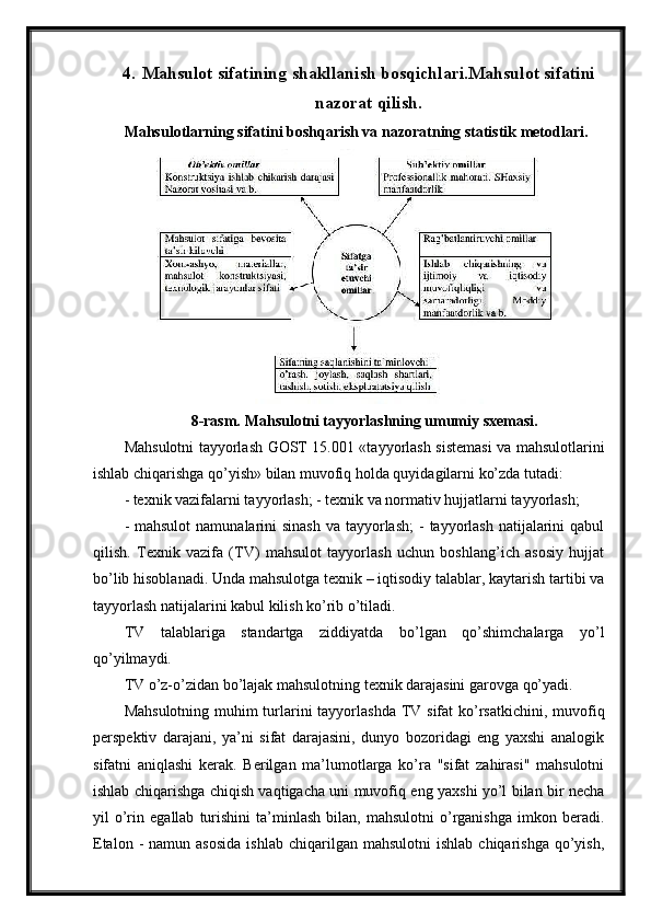 4. Mahsulot sifatining shakllanish bosqichlari.Mahsulot sifatini
nazorat qilish.
Mahsulotlarning sifatini boshqarish va nazoratning statistik metodlari.
8-rasm. Mahsulotni tayyorlashning umumiy sxemasi.
Mahsulotni tayyorlash GOST 15.001 «tayyorlash sistemasi va mahsulotlarini
ishlab chiqarishga qo’yish» bilan muvofiq holda quyidagilarni ko’zda tutadi: 
- texnik vazifalarni tayyorlash; - texnik va normativ hujjatlarni tayyorlash; 
- mahsulot  namunalarini  sinash  va tayyorlash;  -  tayyorlash  natijalarini  qabul
qilish.   Texnik   vazifa   (TV)   mahsulot   tayyorlash   uchun   boshlang’ich   asosiy   hujjat
bo’lib hisoblanadi. Unda mahsulotga texnik – iqtisodiy talablar, kaytarish tartibi va
tayyorlash natijalarini kabul kilish ko’rib o’tiladi.
TV   talablariga   standartga   ziddiyatda   bo’lgan   qo’shimchalarga   yo’l
qo’yilmaydi. 
TV o’z-o’zidan bo’lajak mahsulotning texnik darajasini garovga qo’yadi.
Mahsulotning muhim turlarini  tayyorlashda TV sifat  ko’rsatkichini, muvofiq
perspektiv   darajani,   ya’ni   sifat   darajasini,   dunyo   bozoridagi   eng   yaxshi   analogik
sifatni   aniqlashi   kerak.   Berilgan   ma’lumotlarga   ko’ra   "sifat   zahirasi"   mahsulotni
ishlab chiqarishga chiqish vaqtigacha uni muvofiq eng yaxshi yo’l bilan bir necha
yil   o’rin   egallab   turishini   ta’minlash   bilan,   mahsulotni   o’rganishga   imkon  beradi.
Etalon  -   namun  asosida  ishlab   chiqarilgan   mahsulotni   ishlab  chiqarishga   qo’yish, 