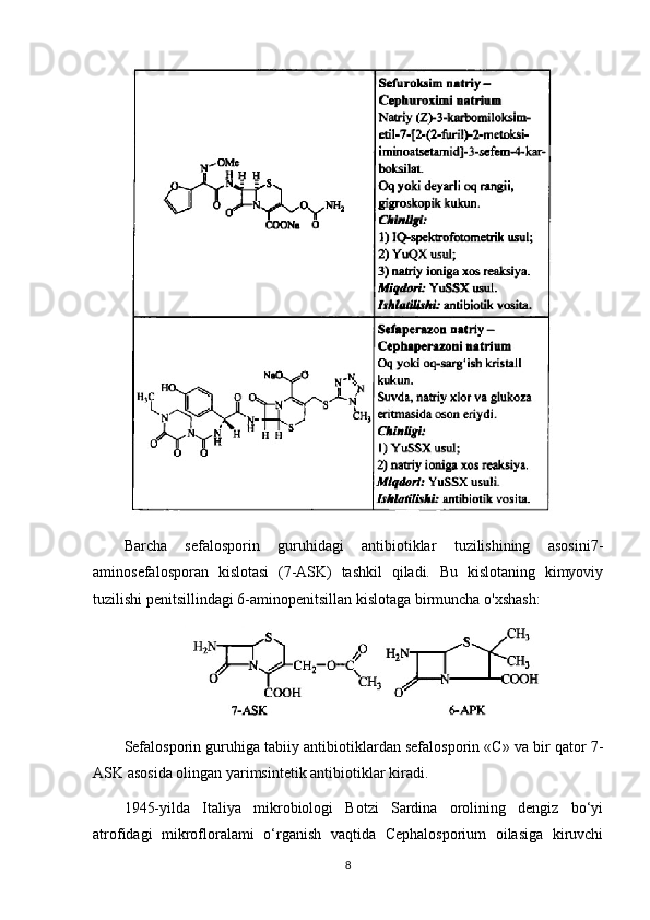 Barcha   sefalosporin   guruhidagi   antibiotiklar   tuzilishining   asosini7-
aminosefalosporan   kislotasi   (7-ASK)   tashkil   qiladi.   Bu   kislotaning   kimyoviy
tuzilishi penitsillindagi 6-aminopenitsillan kislotaga birmuncha o'xshash:
Sefalosporin guruhiga tabiiy antibiotiklardan sefalosporin «C» va bir qator 7-
ASK asosida olingan yarimsintetik antibiotiklar kiradi.
1945-yilda   Italiya   mikrobiologi   Botzi   Sardina   orolining   dengiz   bo‘yi
atrofidagi   mikrofloralami   o‘rganish   vaqtida   Cephalosporium   oilasiga   kiruvchi
8 