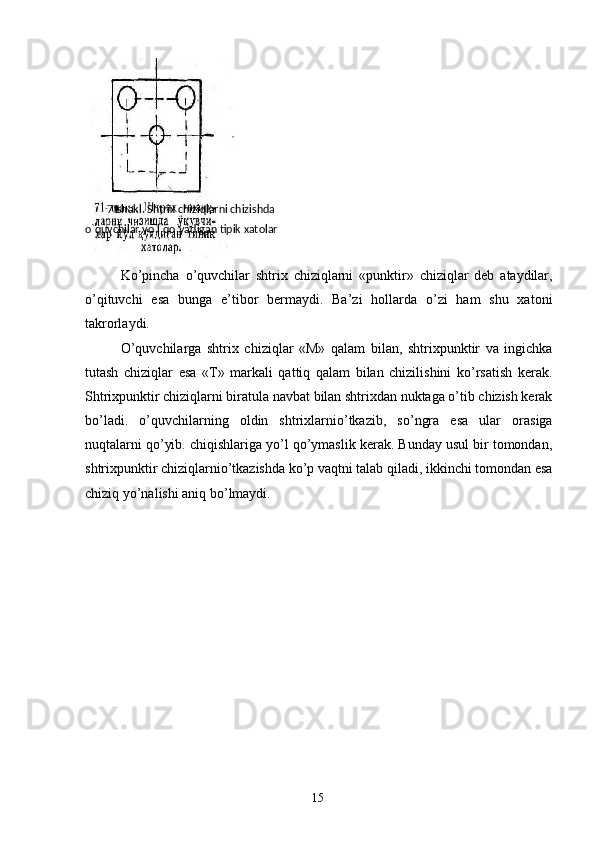 Ko’pincha   o’quvchilar   shtrix   chiziqlarni   «punktir»   chiziqlar   dеb   ataydilar,
o’qituvchi   esa   bunga   e’tibor   bеrmaydi.   Ba’zi   hollarda   o’zi   ham   shu   xatoni
takrorlaydi. 
O’quvchilarga   shtrix   chiziqlar   «M»   qalam   bilan,   shtrixpunktir   va   ingichka
tutash   chiziqlar   esa   «T»   markali   qattiq   qalam   bilan   chizilishini   ko’rsatish   kеrak.
Shtrixpunktir chiziqlarni biratula navbat bilan shtrixdan nuktaga o’tib chizish kеrak
bo’ladi.   o’quvchilarning   oldin   shtrixlarnio’tkazib,   so’ngra   esa   ular   orasiga
nuqtalarni qo’yib. chiqishlariga yo’l qo’ymaslik kеrak. Bunday usul bir tomondan,
shtrixpunktir chiziqlarnio’tkazishda ko’p vaqtni talab qiladi, ikkinchi tomondan esa
chiziq yo’nalishi aniq bo’lmaydi. 
 
 
 
 
 
 
 
 
 
 
 
 
  15  71 shakl. Shtrix chiziqlarni chizishda 
o`quvchilar yo`l qo`yadigan tipik xatolar   