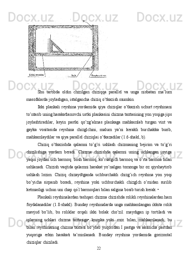 Shu   tartibda   oldin   chizilgan   chiziqqa   parallel   va   unga   nisbatan   ma’lum
masofalarda joylashgan, istalgancha chiziq o’tkazish mumkin. 
Ikki  plankali reyshina yordamida qiya chiziqlar o’tkazish uchurt reyshinani
to’ntarib uning harakatlanuvchi ustki plankasini chizma taxtasining yon yoqiga jips
joylashtiradilar,   keyin   pastki   qo’zg’almas   plankaga   mahkamlab   turgan   vint   va
gayka   vositasida   reyshina   chizglchini,   malum   ya’ni   kerakli   burchakka   burib,
mahkamlaydilar va qiya parallel chiziqlai o’tkazadilar (1.6-shakl, b). 
Chiziq   o’tkazishda   qalamni   to’g’ri   ushlash   chizmaning   bejirim   va   to’g’ri
chizilishiga   yordam   beradi.   Chizma   chizishda   qalamni   uning   uchlangan   joyiga
yaqin joydan uch barmoq: bosh barmoq, ko’rsatgich barmoq va o’rta barmoa bilan
ushlanadi. Chizish vaqtida qalamni harakat yo’nalgan tomonga bir oz qiyshaytirib
ushlash   lozim.   Chiziq   chizaydtganda   uchburchakli   chizg’ich   reyshina   yon   yoqi
bo’yicha   sirpanib   boradi,   reyshina   yoki   uchburchakli   chizglch   o’rnidan   surilib
ketmasligi uchun uni chap qo ’
l barmoqlari bilan salgina bosib turish kerak. • 
Plankali reyshinalardan tashqari chizma chizishda rolikli reyshinalardan ham
foydalanadilar (1.8-shakl). Bunday reyshinalarda unga mahkamlangan ikkita rolik
mavjud   bo’lib,   bu   roliklar   orqali   ikki   bolak   cho’zil.   maydigan   ip   tortiladi   va
iplarning   uchlari   chizma   taxtasiga•   knopka   yoki.   mix.   bilan,   mahkamlanadi;   bu
bilan reyshinaning chizma taxtasi bo’ylab   yuqoridan I pastga va aksincha pastdan
yuqoriga   erkin   harakati   ta’minlanadi.   Bunday   reyshina   yordamida   gorizontal
chiziqlar chiziladi. 
  22