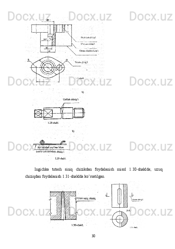  
Ingichka   tutash   siniq   chizikdan   foydalanish   misol   1.30-shaklda;   uzuq
chiziqdan foydalanish 1.31-shaklda ko’rsatilgan. 
  30   
     
