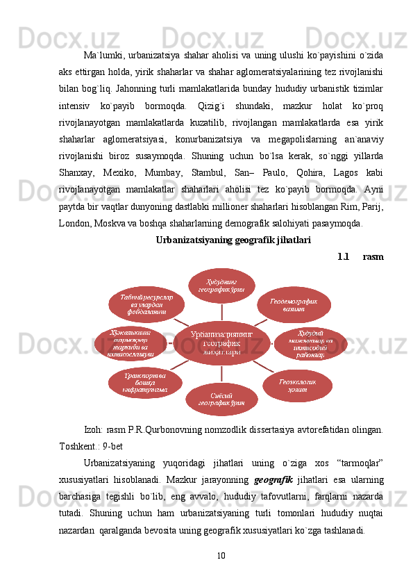 Ma`lumki,  urbanizatsiya  shahar   aholisi  va  uning  ulushi   kо`payishini   о`zida
aks ettirgan holda, yirik shaharlar va shahar aglomeratsiyalarining tez rivojlanishi
bilan   bog`liq.   Jahonning   turli   mamlakatlarida   bunday   hududiy   urbanistik   tizimlar
intensiv   kо`payib   bormoqda.   Qizig`i   shundaki,   mazkur   holat   kо`proq
rivojlanayotgan   mamlakatlarda   kuzatilib,   rivojlangan   mamlakatlarda   esa   yirik
shaharlar   aglomeratsiyasi,   konurbanizatsiya   va   megapolislarning   an`anaviy
rivojlanishi   biroz   susaymoqda.   Shuning   uchun   bо`lsa   kerak,   sо`nggi   yillarda
Shanxay,   Mexiko,   Mumbay,   Stambul,   San–   Paulo,   Qohira,   Lagos   kabi
rivojlanayotgan   mamlakatlar   shaharlari   aholisi   tez   kо`payib   bormoqda.   Ayni
paytda bir vaqtlar dunyoning dastlabki millioner shaharlari hisoblangan Rim, Parij,
London, Moskva va boshqa shaharlarning demografik salohiyati pasaymoqda .         
Urbanizatsiyaning geografik jihatlari
1.1   rasm
       
Izoh: rasm P.R.Qurbonovning nomzodlik dissertasiya avtorefatidan olingan.
Toshkent.: 9-bet 
Urbanizatsiyaning   yuqoridagi   jihatlari   uning   о`ziga   xos   “tarmoqlar”
xususiyatlari   hisoblanadi.   Mazkur   jarayonning   geografik   jihatlari   esa   ularning
barchasiga   tegishli   bо`lib,   eng   avvalo,   hududiy   tafovutlarni,   farqlarni   nazarda
tutadi.   Shuning   uchun   ham   urbanizatsiyaning   turli   tomonlari   hududiy   nuqtai
nazardan  qaralganda bevosita uning geografik xususiyatlari kо`zga tashlanadi. 
10 