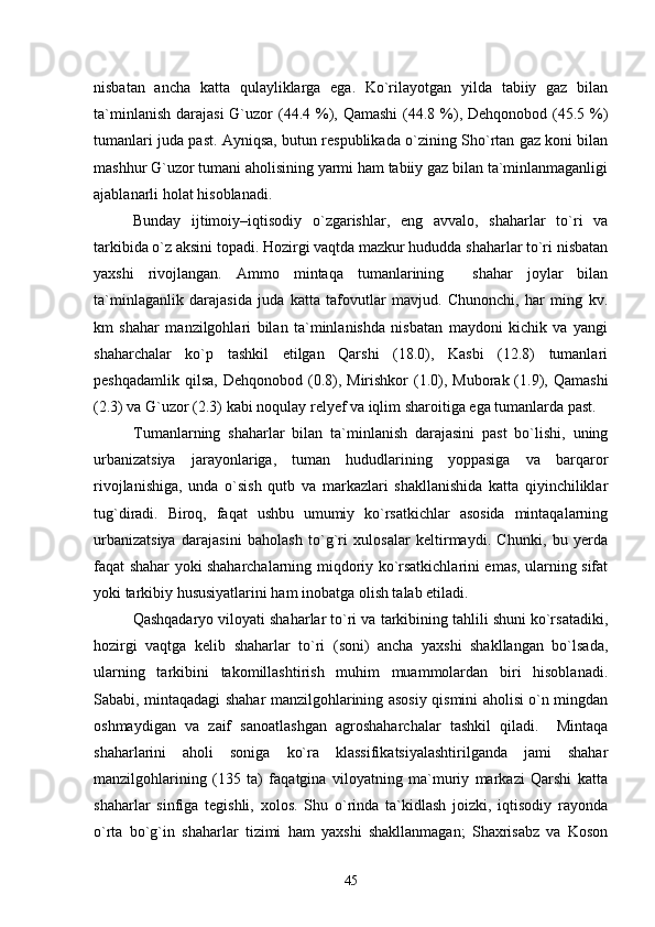 nisbatan   ancha   katta   qulayliklarga   ega.   Kо`rilayotgan   yilda   tabiiy   gaz   bilan
ta`minlanish  darajasi  G`uzor  (44.4 %), Qamashi  (44.8 %), Dehqonobod (45.5 %)
tumanlari juda past. Ayniqsa, butun respublikada о`zining Shо`rtan gaz koni bilan
mashhur G`uzor tumani aholisining yarmi ham tabiiy gaz bilan ta`minlanmaganligi
ajablanarli holat hisoblanadi.    
Bunday   ijtimoiy–iqtisodiy   о`zgarishlar,   eng   avvalo,   shaharlar   tо`ri   va
tarkibida о`z aksini topadi. Hozirgi vaqtda mazkur hududda shaharlar tо`ri nisbatan
yaxshi   rivojlangan.   Ammo   mintaqa   tumanlarining     shahar   joylar   bilan
ta`minlaganlik   darajasida   juda   katta   tafovutlar   mavjud.   Chunonchi,   har   ming   kv.
km   shahar   manzilgohlari   bilan   ta`minlanishda   nisbatan   maydoni   kichik   va   yangi
shaharchalar   kо`p   tashkil   etilgan   Qarshi   (18.0),   Kasbi   (12.8)   tumanlari
peshqadamlik  qilsa,  Dehqonobod  (0.8), Mirishkor   (1.0),  Muborak (1.9), Qamashi
(2.3) va G`uzor (2.3) kabi noqulay relyef va iqlim sharoitiga ega tumanlarda past.
Tumanlarning   shaharlar   bilan   ta`minlanish   darajasini   past   bо`lishi,   uning
urbanizatsiya   jarayonlariga,   tuman   hududlarining   yoppasiga   va   barqaror
rivojlanishiga,   unda   о`sish   qutb   va   markazlari   shakllanishida   katta   qiyinchiliklar
tug`diradi.   Biroq,   faqat   ushbu   umumiy   kо`rsatkichlar   asosida   mintaqalarning
urbanizatsiya   darajasini   baholash   tо`g`ri   xulosalar   keltirmaydi.   Chunki,   bu   yerda
faqat shahar yoki shaharchalarning miqdoriy kо`rsatkichlarini emas, ularning sifat
yoki tarkibiy hususiyatlarini ham inobatga olish talab etiladi.
Qashqadaryo viloyati shaharlar tо`ri va tarkibining tahlili shuni kо`rsatadiki,
hozirgi   vaqtga   kelib   shaharlar   tо`ri   (soni)   ancha   yaxshi   shakllangan   bо`lsada,
ularning   tarkibini   takomillashtirish   muhim   muammolardan   biri   hisoblanadi.
Sababi, mintaqadagi shahar manzilgohlarining asosiy qismini aholisi о`n mingdan
oshmaydigan   va   zaif   sanoatlashgan   agroshaharchalar   tashkil   qiladi.     Mintaqa
shaharlarini   aholi   soniga   kо`ra   klassifikatsiyalashtirilganda   jami   shahar
manzilgohlarining   (135   ta)   faqatgina   viloyatning   ma`muriy   markazi   Qarshi   katta
shaharlar   sinfiga   tegishli,   xolos.   Shu   о`rinda   ta`kidlash   joizki,   iqtisodiy   rayonda
о`rta   bо`g`in   shaharlar   tizimi   ham   yaxshi   shakllanmagan;   Shaxrisabz   va   Koson
45 