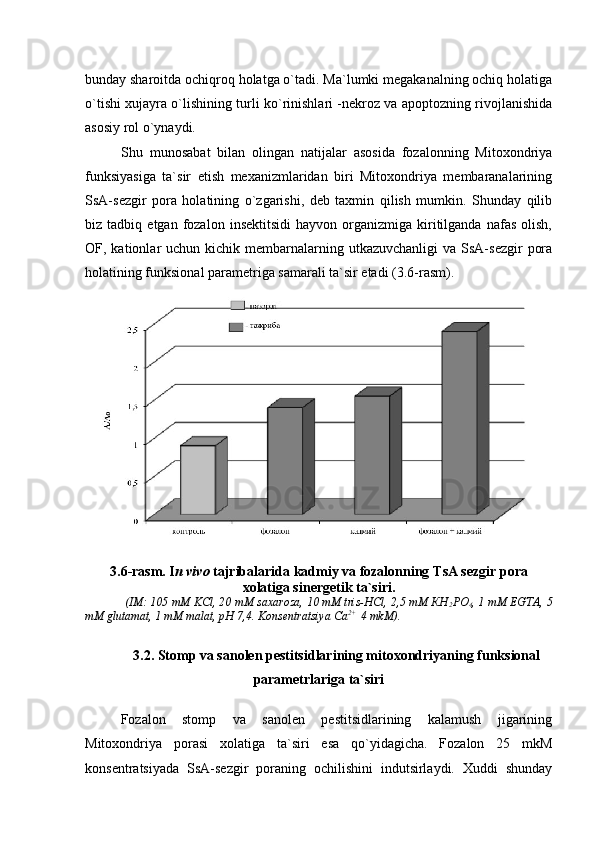 bunday sharoitda ochiqroq holatga o`tadi. Ma`lumki megakanalning ochiq holatiga
o`tishi xujayra o`lishining turli ko`rinishlari -nekroz va apoptozning rivojlanishida
asosiy rol o`ynaydi. 
Shu   munosabat   bilan   olingan   natijalar   asosida   fozalonning   Mitoxondriya
funksiyasiga   ta`sir   etish   mexanizmlaridan   biri   Mitoxondriya   membaranalarining
SsA-sezgir   pora   holatining   o`zgarishi,   deb   taxmin   qilish   mumkin.   Shunday   qilib
biz  tadbiq   etgan   fozalon   insektitsidi   hayvon   organizmiga   kiritilganda   nafas   olish,
OF, kationlar  uchun  kichik  membarnalarning  utkazuvchanligi  va  SsA-sezgir   pora
holatining funksional parametriga samarali ta`sir etadi (3.6-rasm).
3.6 -rasm. I n vivo  tajribalarida kadmiy va fozalonning  Т sA sezgir pora
xolatiga sinergetik ta`siri.
  ( IM: 105 mM KСl, 20 mM saxaroza, 10 mM tris-HCl, 2,5 mM КН
2 РО
4 , 1 mM EGTA, 5
mM glutamat, 1 mM malat, рН 7,4. Konsentratsiya Са 2+ 
 4 mkM).
3.2. Stomp va sanolen pestitsidlarining mitoxondriyaning funksional
parametrlariga ta`siri
Fozalon   stomp   va   sanolen   pestitsidlarining   kalamush   jigarining
Mitoxondriya   porasi   xolatiga   ta`siri   esa   qo`yidagicha.   Fozalon   25   mkM
konsentratsiyada   SsA-sezgir   poraning   ochilishini   indutsirlaydi.   Xuddi   shunday 