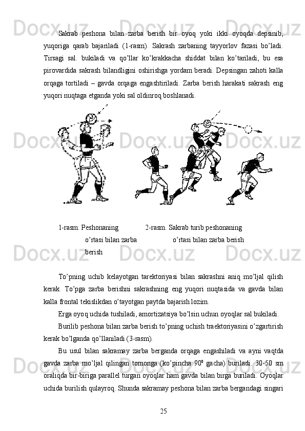 Sakrab   peshona   bilan   zarba   berish   bir   oyo q   yoki   ikki   oyo q da   depsinib,
yu q origa   q arab   bajariladi   ( 1 -rasm).   Sakrash   zarbaning   tayyorlov   fazasi   bo’ladi.
Tirsagi   sal .   bukiladi   va   q o’llar   ko’krakkacha   shiddat   bilan   ko’tariladi,   bu   esa
pirovardida   s akrash bilandligini oshirishga yordam beradi.   Depsingan zahoti kalla
orqaga   tortiladi   –   gavda   orqaga   engashtiriladi.   Zarba   berish   harakati   sakrash   eng
yuqori nuqtaga etganda yoki sal oldinroq boshlanadi.
       
1-rasm. Peshonaning               2-rasm. Sakrab turib peshonaning
                o’rtasi bilan zarba                      o’rtasi bilan zarba berish
               berish
To’pning   uchib   kelayotgan   tarektoriyasi   bilan   sakrashni   aniq   mo’ljal   qilish
kerak.   To’pga   zarba   berishni   sakrashning   eng   yuqori   nuqtasida   va   gavda   bilan
kalla frontal tekislikdan o’tayotgan paytda bajarish lozim. 
Erga oyo q  uchida tushiladi, amortizatsiya bo’lsin uchun oyo q lar sal bukiladi.
Burilib peshona bilan zarba berish to’pning uchish traektoriyasini o’zgartirish
kerak bo’lganda  q o’llaniladi (3-rasm).
Bu   usul   bilan   sakramay   zarba   berganda   or q aga   engashiladi   va   ayni   va q tda
gavda   zarba   mo’ljal   q ilingan   tomonga   (ko’pincha   90 0
  gacha)   buriladi.   30-50   sm
orali q da bir-biriga parallel turgan oyoqlar  h am gavda bilan birga buriladi. Oyo q lar
uchida burilish  q ulayro q . Shunda sakramay   peshona bilan zarba bergandagi singari
25