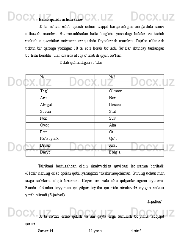  Eslab qolish uchun sinov
10   ta   so‘zni   eslab   qolish   uchun   diqqat   barqarorligini   aniqlashda   sinov
o‘tkazish   mumkin.   Bu   metodikadan   katta   bog‘cha   yoshidagi   bolalar   va   kichik
maktab   o‘quvchilari   xotirasini   aniqlashda   foydalanish   mumkin.   Tajriba   o‘tkazish
uchun   bir   qatorga   yozilgan   10   ta   so‘z   kerak   bo‘ladi.   So‘zlar   shunday   tanlangan
bo‘lishi kerakki, ular orasida aloqa o‘rnatish qiyin bo‘lsin.
                      Eslab qolinadigan so‘zlar
№1 №2
Tog‘ O‘rmon
Arra Non
Atirgul Deraza
Sovun Stul
Non Suv
Oyoq Aka
Pero Ot
Ko‘zoynak Qo‘l
Divan Asal
Daryo Bolg‘a
Tajribani   boshlashdan   oldin   sinaluvchiga   quyidagi   ko‘rsatma   beriladi:
«Hozir sizning eslab qolish qobiliyatingizni tekshirmoqchiman.  Buning uchun men
sizga   so‘zlarni   o‘qib   beraman.   Keyin   siz   esda   olib   qolganlaringizni   aytasiz».
Bunda   oldindan   tayyorlab   qo‘yilgan   tajriba   qarorida   sinaluvchi   aytgan   so‘zlar
yozib olinadi (8-jadval). 
                                                                                                          8-jadval
10   ta   so‘zni   eslab   qolish   va   uni   qayta   esga   tushirish   bo‘yicha   tadqiqot
qarori
Sarvar N. 11 yosh 4-sinf  