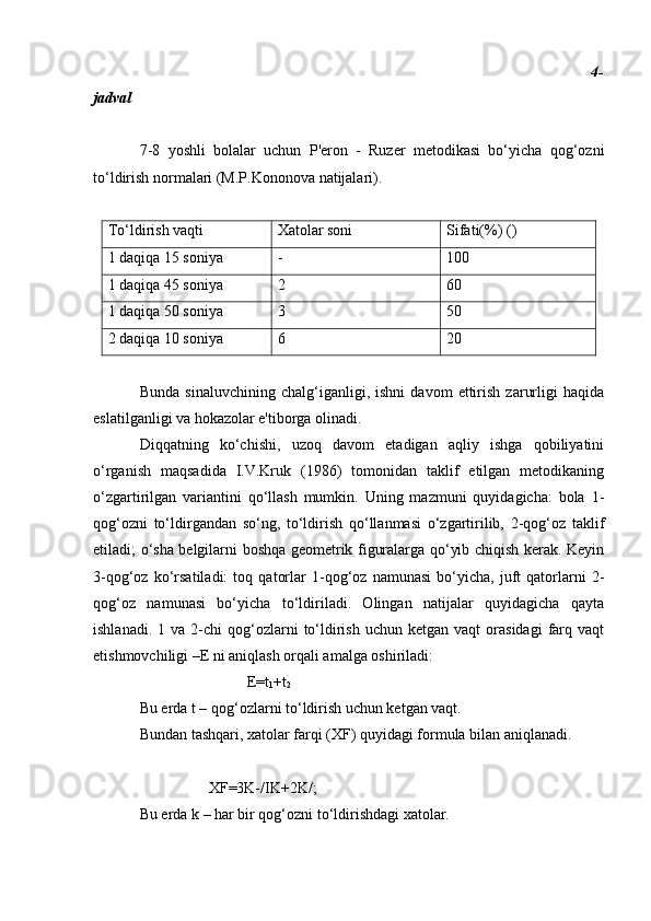 4-
jadval
7-8   yoshli   bolalar   uchun   P'eron   -   Ruzer   metodikasi   bo‘yicha   qog‘ozni
to‘ldirish normalari (M.P.Kononova natijalari).
To‘ldirish vaqti Xatolar soni Sifati(%) ()
1 daqiqa 15 soniya - 100
1 daqiqa 45 soniya 2 60
1 daqiqa 50 soniya 3 50
2 daqiqa 10 soniya 6 20
Bunda   sinaluvchining   chalg‘iganligi,   ishni   davom   ettirish   zarurligi   haqida
eslatilganligi va hokazolar e'tiborga olinadi.
Diqqatning   ko‘chishi,   uzoq   davom   etadigan   aqliy   ishga   qobiliyatini
o‘rganish   maqsadida   I.V.Kruk   (1986)   tomonidan   taklif   etilgan   metodikaning
o‘zgartirilgan   variantini   qo‘llash   mumkin.   Uning   mazmuni   quyidagicha:   bola   1-
qog‘ozni   to‘ldirgandan   so‘ng,   to‘ldirish   qo‘llanmasi   o‘zgartirilib,   2-qog‘oz   taklif
etiladi; o‘sha belgilarni boshqa geometrik figuralarga qo‘yib chiqish kerak. Keyin
3-qog‘oz   ko‘rsatiladi:   toq   qatorlar   1-qog‘oz   namunasi   bo‘yicha,   juft   qatorlarni   2-
qog‘oz   namunasi   bo‘yicha   to‘ldiriladi.   Olingan   natijalar   quyidagicha   qayta
ishlanadi.  1  va   2-chi  qog‘ozlarni   to‘ldirish   uchun  ketgan  vaqt  orasidagi   farq  vaqt
etishmovchiligi –E ni aniqlash orqali amalga oshiriladi:
                            E=t
1 +t
2
Bu erda t – qog‘ozlarni to‘ldirish uchun ketgan vaqt.
Bundan tashqari, xatolar farqi (XF) quyidagi formula bilan aniqlanadi. 
                  XF=3K-/IK+2K/;
Bu erda k – har bir qog‘ozni to‘ldirishdagi xatolar.