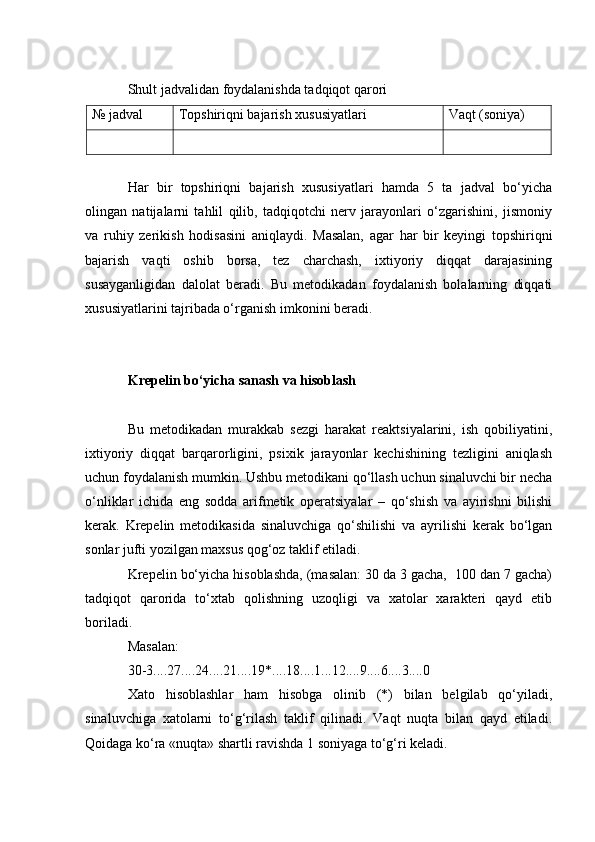 Shult jadvalidan foydalanishda tadqiqot qarori
№ jadval Topshiriqni bajarish xususiyatlari Vaqt (soniya)
Har   bir   topshiriqni   bajarish   xususiyatlari   hamda   5   ta   jadval   bo‘yicha
olingan   natijalarni   tahlil   qilib,   tadqiqotchi   nerv   jarayonlari   o‘zgarishini,   jismoniy
va   ruhiy   zerikish   hodisasini   aniqlaydi.   Masalan,   agar   har   bir   keyingi   topshiriqni
bajarish   vaqti   oshib   borsa,   tez   charchash,   ixtiyoriy   diqqat   darajasining
susayganligidan   dalolat   beradi.   Bu   metodikadan   foydalanish   bolalarning   diqqati
xususiyatlarini tajribada o‘rganish imkonini beradi. 
Krepelin bo‘yicha sanash va hisoblash
Bu   metodikadan   murakkab   sezgi   harakat   reaktsiyalarini,   ish   qobiliyatini,
ixtiyoriy   diqqat   barqarorligini,   psixik   jarayonlar   kechishining   tezligini   aniqlash
uchun foydalanish mumkin. Ushbu metodikani qo‘llash uchun sinaluvchi bir necha
o‘nliklar   ichida   eng   sodda   arifmetik   operatsiyalar   –   qo‘shish   va   ayirishni   bilishi
kerak.   Krepelin   metodikasida   sinaluvchiga   qo‘shilishi   va   ayrilishi   kerak   bo‘lgan
sonlar jufti yozilgan maxsus qog‘oz taklif etiladi. 
Krepelin bo‘yicha hisoblashda, (masalan: 30 da 3 gacha,  100 dan 7 gacha)
tadqiqot   qarorida   to‘xtab   qolishning   uzoqligi   va   xatolar   xarakteri   qayd   etib
boriladi. 
Masalan: 
30-3....27....24....21....19*....18....1...12....9....6....3....0
Xato   hisoblashlar   ham   hisobga   olinib   (*)   bilan   belgilab   qo‘yiladi,
sinaluvchiga   xatolarni   to‘g‘rilash   taklif   qilinadi.   Vaqt   nuqta   bilan   qayd   etiladi.
Qoidaga ko‘ra «nuqta» shartli ravishda 1 soniyaga to‘g‘ri keladi.