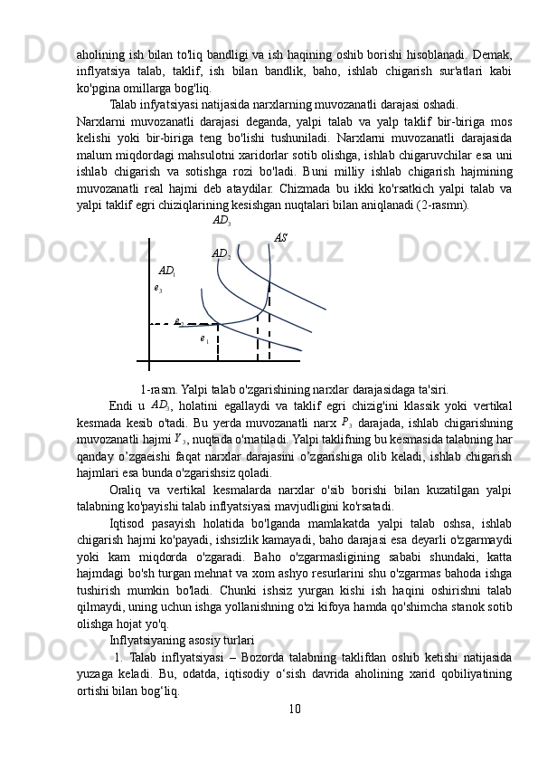 aholining ish bilan to'liq bandligi va ish haqining oshib borishi hisoblanadi. Demak,
inflyatsiya   talab,   taklif,   ish   bilan   bandlik,   baho,   ishlab   chigarish   sur'atlari   kabi
ko'pgina omillarga bog'liq.
Talab infyatsiyasi natijasida narxlarning muvozanatli darajasi oshadi.
Narxlarni   muvozanatli   darajasi   deganda,   yalpi   talab   va   yalp   taklif   bir-biriga   mos
kelishi   yoki   bir-biriga   teng   bo'lishi   tushuniladi.   Narxlarni   muvozanatli   darajasida
malum miqdordagi mahsulotni xaridorlar sotib olishga, ishlab chigaruvchilar esa uni
ishlab   chigarish   va   sotishga   rozi   bo'ladi.   Buni   milliy   ishlab   chigarish   hajmining
muvozanatli   real   hajmi   deb   ataydilar.   Chizmada   bu   ikki   ko'rsatkich   yalpi   talab   va
yalpi taklif egri chiziqlarining kesishgan nuqtalari bilan aniqlanadi (2-rasmn).
AD
3
˙
AS
AD
2
AD
1e3	
e2
e
1
1-rasm. Yalpi talab o'zgarishining narxlar darajasidaga ta'siri.
Endi   u   AD
3 ,   holatini   egallaydi   va   taklif   egri   chizig'ini   klassik   yoki   vertikal
kesmada   kesib   o'tadi.   Bu   yerda   muvozanatli   narx   P
3   darajada,   ishlab   chigarishning
muvozanatli hajmi 
Y3 , nuqtada o'rnatiladi. Yalpi taklifning bu kesmasida talabning har
qanday   o’zgaeishi   faqat   narxlar   darajasini   o’zgarishiga   olib   keladi,   ishlab   chigarish
hajmlari esa bunda o'zgarishsiz qoladi.
Oraliq   va   vertikal   kesmalarda   narxlar   o'sib   borishi   bilan   kuzatilgan   yalpi
talabning ko'payishi talab inflyatsiyasi mavjudligini ko'rsatadi.
Iqtisod   pasayish   holatida   bo'lganda   mamlakatda   yalpi   talab   oshsa,   ishlab
chigarish hajmi ko'payadi, ishsizlik kamayadi, baho darajasi esa deyarli o'zgarmaydi
yoki   kam   miqdorda   o'zgaradi.   Baho   o'zgarmasligining   sababi   shundaki,   katta
hajmdagi bo'sh turgan mehnat va xom ashyo resurlarini shu o'zgarmas bahoda ishga
tushirish   mumkin   bo'ladi.   Chunki   ishsiz   yurgan   kishi   ish   haqini   oshirishni   talab
qilmaydi, uning uchun ishga yollanishning o'zi kifoya hamda qo'shimcha stanok sotib
olishga hojat yo'q.
Inflyatsiyaning asosiy turlari
  1.   Talab   inflyatsiyasi   –   Bozorda   talabning   taklifdan   oshib   ketishi   natijasida
yuzaga   keladi.   Bu,   odatda,   iqtisodiy   o‘sish   davrida   aholining   xarid   qobiliyatining
ortishi bilan bog‘liq.
10 