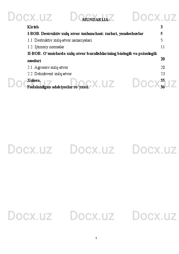 MUNDARIJA:
Kirish 3
I-BOB. Destruktiv xulq atvor tushunchasi: turlari, yondoshuvlar 5
1.1. Destruktiv xulq-atvor nazariyalari 5
1.2. Ijtimoiy normalar 11
II-BOB. O‘smirlarda xulq-atvor buzulishlarining biologik va psixologik
asoslari 20
2.1. Agressiv xulq-atvor 20
2.2. Delinkvent xulq-atvor 23
Xulosa. 35
Fodalanilgan adabiyotlar ro’yxati. 36
1 