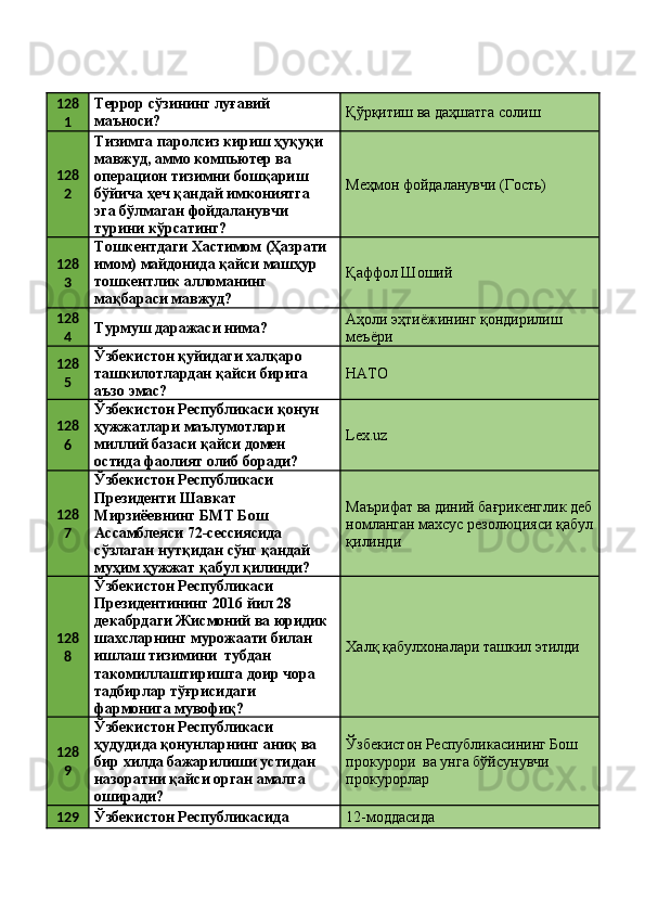 128
1 Террор сўзининг луғавий 
маъноси?  Қўрқитиш ва даҳшатга солиш 
128
2 Тизимга паролсиз кириш ҳуқуқи 
мавжуд, аммо компьютер ва 
операцион тизимни бошқариш 
бўйича ҳеч қандай имкониятга 
эга бўлмаган фойдаланувчи 
турини кўрсатинг?  Меҳмон фойдаланувчи (Гость) 
128
3 Тошкентдаги Хастимом (Ҳазрати 
имом) майдонида қайси машҳур 
тошкентлик алломанинг 
мақбараси мавжуд?  Қаффол Шоший 
128
4 Турмуш даражаси нима?  Аҳоли эҳтиёжининг қондирилиш 
меъёри 
128
5 Ўзбекистон қуйидаги халқаро 
ташкилотлардан қайси бирига 
аъзо эмас?  НАТО 
128
6 Ўзбекистон Республикаси қонун 
ҳужжатлари маълумотлари 
миллий базаси қайси домен 
остида фаолият олиб боради?  Lex.uz 
128
7 Ўзбекистон Республикаси 
Президенти Шавкат 
Мирзиёевнинг БМТ Бош 
Ассамблеяси 72-сессиясида 
сўзлаган нутқидан сўнг қандай 
муҳим ҳужжат қабул қилинди?  Маърифат ва диний бағрикенглик деб
номланган махсус резолюцияси қабул
қилинди 
128
8 Ўзбекистон Республикаси 
Президентининг 2016 йил 28 
декабрдаги Жисмоний ва юридик 
шахсларнинг мурожаати билан 
ишлаш тизимини  тубдан 
такомиллаштиришга доир чора 
тадбирлар тўғрисидаги 
фармонига мувофиқ?  Халқ қабулхоналари ташкил этилди 
128
9 Ўзбекистон Республикаси 
ҳудудида қонунларнинг аниқ ва 
бир хилда бажарилиши устидан 
назоратни қайси орган амалга 
оширади?  Ўзбекистон Республикасининг Бош 
прокурори  ва унга бўйсунувчи 
прокурорлар 
129
Ўзбекистон Республикасида  12-моддасида  