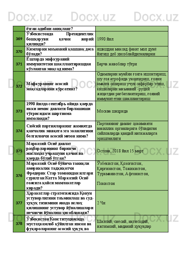 ёзган адибни аниқланг? 
369 Ўзбекистонда   Президентлик
бошқаруви   қачон   жорий
қилинди?  1990 йил 
370 Кимларни маънавий қашшоқ деса
бўлади?  яшашдан максад факат мол дунё 
йигиш деб хисоблайдиганларни 
371 Ёшларда мафкуравий 
иммунитетни шакллантиришдан 
кўзланган мақсад нима?  Барча жавоблар тўғри 
372 Мафкуранинг асосий 
мақсадларини кўрсатинг?  Одамларни муайян ғояга ишонтириш,
шу ғоя атрофида уюштириш, ғояни 
амалга ошириш учун сафарбар этиш, 
кишиларни маънавий -руҳий 
жиҳатдан рағбатлантириш, ғоявий 
иммунитетни шакллантириш 
373 1990 йилда сентябрь ойида қаерда 
икки немис давлати бирлашиши 
тўғрисидаги шартнома 
имзоланди?  Москва шаҳрида 
374 Сиёсий партияларнинг жамиятда 
қанчалик мавқега эга эканлигини
белгиловчи асосий мезон нима?  Партиянинг давлат ҳокимияти 
вакиллик органларига бўладиган 
сайловларда қандай натижаларга 
эришганлиги 
375 Марказий Осиё давлат 
раҳбарларининг биринчи 
маслаҳат учрашуви қачон ва 
қаерда бўлиб ўтган?  Остона, 2018 йил 15 март 
376 Марказий Осиё бўйича таниқли 
америкалик тадқиқотчи 
Фредерик Стар томонидан илгари
сурилган Катта Марказий Осиё 
ғоясига қайси мамлакатлар 
киради?  Ўзбекистон, Қозоғистон, 
Қирғизистон, Тожикистон, 
Туркманистон, Афғонистон, 
Покистон 
377 Ҳаракатлар стратегиясида Қонун 
устуворлигини таъминлаш ва суд-
ҳуқуқ тизимини янада ислоҳ 
қилишнинг устувор йўналишлари
нечанчи йўналиш ҳисобланади?  2 Чи 
378 Ўзбекистон Конституциясида 
мустаҳкамлаб қўйилган инсон ва 
фуқароларнинг асосий ҳуқуқ ва  Шахсий, сиёсий, иқтисодий, 
ижтимоий, маданий ҳуқуқлар  