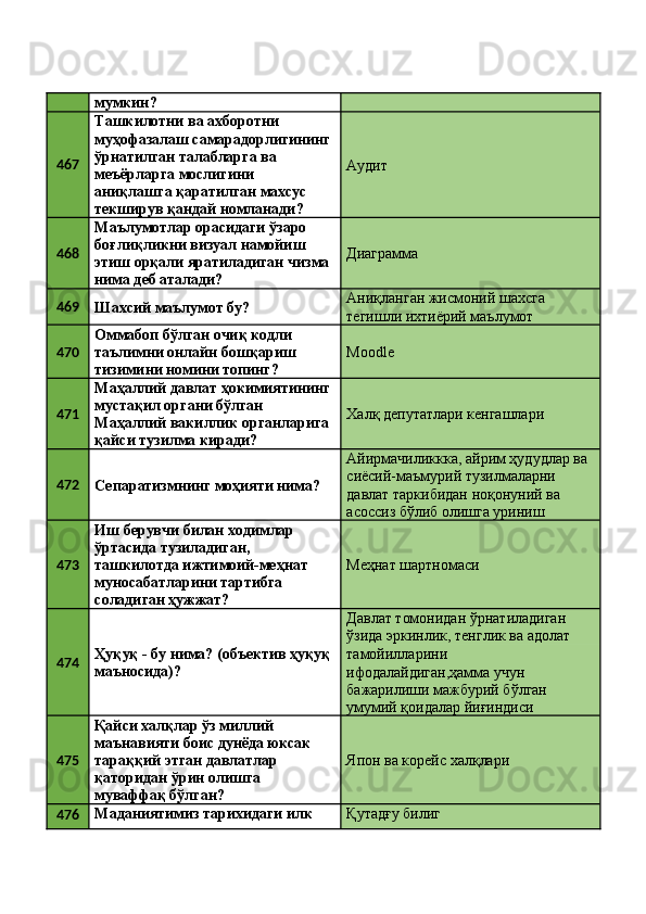мумкин? 
467 Ташкилотни ва ахборотни 
муҳофазалаш самарадорлигининг 
ўрнатилган талабларга ва 
меъёрларга мослигини 
аниқлашга қаратилган махсус 
текширув қандай номланади?  Аудит 
468 Маълумотлар орасидаги ўзаро 
боғлиқликни визуал намойиш 
этиш орқали яратиладиган чизма 
нима деб аталади?  Диаграмма 
469
Шахсий маълумот бу?  Аниқланган жисмоний шахсга 
тегишли ихтиёрий маълумот 
470 Оммабоп бўлган очиқ кодли 
таълимни онлайн бошқариш 
тизимини номини топинг?  Moodle 
471 Маҳаллий давлат ҳокимиятининг 
мустақил органи бўлган 
Маҳаллий вакиллик органларига 
қайси тузилма киради?  Халқ депутатлари кенгашлари 
472
Сепаратизмнинг моҳияти нима?  Айирмачиликкка, айрим ҳудудлар ва 
сиёсий-маъмурий тузилмаларни 
давлат таркибидан ноқонуний ва 
асоссиз бўлиб олишга уриниш 
473 Иш берувчи билан ходимлар 
ўртасида тузиладиган, 
ташкилотда ижтимоий-меҳнат 
муносабатларини тартибга 
соладиган ҳужжат?  Меҳнат шартномаси 
474 Ҳуқуқ - бу нима? (объектив ҳуқуқ 
маъносида)?  Давлат томонидан ўрнатиладиган 
ўзида эркинлик, тенглик ва адолат 
тамойилларини 
ифодалайдиган,ҳамма учун 
бажарилиши мажбурий бўлган 
умумий қоидалар йиғиндиси 
475 Қайси халқлар ўз миллий 
маънавияти боис дунёда юксак 
тараққий этган давлатлар 
қаторидан ўрин олишга 
муваффақ бўлган?  Япон ва корейс халқлари 
476 Маданиятимиз тарихидаги илк  Қутадғу билиг  