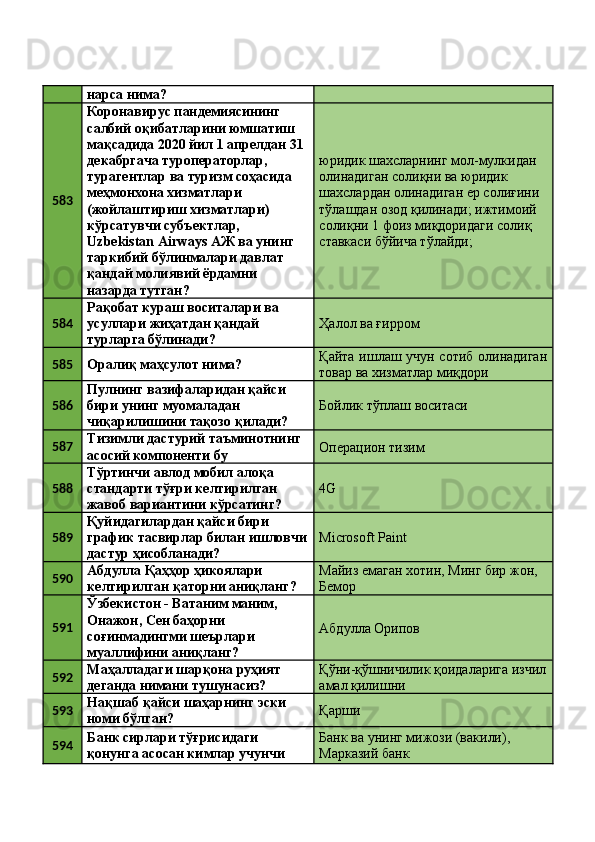 нарса нима? 
583 Коронавирус пандемиясининг 
салбий оқибатларини юмшатиш 
мақсадида 2020 йил 1 апрелдан 31 
декабргача туроператорлар, 
турагентлар ва туризм соҳасида 
меҳмонхона хизматлари  юридик шахсларнинг мол-мулкидан 
олинадиган солиқни ва юридик 
шахслардан олинадиган ер солиғини 
тўлашдан озод қилинади; ижтимоий 
солиқни 1 фоиз миқдоридаги солиқ 
ставкаси бўйича тўлайди; (жойлаштириш хизматлари) 
кўрсатувчи субъектлар, 
Uzbekistan Airways АЖ ва унинг 
таркибий бўлинмалари давлат 
қандай молиявий ёрдамни 
назарда тутган? 
584 Рақобат кураш воситалари ва 
усуллари жиҳатдан қандай 
турларга бўлинади?  Ҳалол ва ғирром 
585
Оралиқ маҳсулот нима?  Қайта ишлаш учун сотиб олинадиган
товар ва хизматлар миқдори 
586 Пулнинг вазифаларидан қайси 
бири унинг муомаладан 
чиқарилишини тақозо қилади?  Бойлик тўплаш воситаси 
587 Тизимли дастурий таъминотнинг 
асосий компоненти бу  Операцион тизим 
588 Тўртинчи авлод мобил алоқа 
стандарти тўғри келтирилган 
жавоб вариантини кўрсатинг?  4G 
589 Қуйидагилардан қайси бири 
график тасвирлар билан ишловчи
дастур ҳисобланади?  Microsoft Paint 
590 Абдулла Қаҳҳор ҳикоялари 
келтирилган қаторни аниқланг?  Майиз емаган хотин, Минг бир жон, 
Бемор 
591 Ўзбекистон - Ватаним маним, 
Онажон, Сен баҳорни 
соғинмадингми шеърлари 
муаллифини аниқланг?  Абдулла Орипов 
592 Маҳалладаги шарқона руҳият 
деганда нимани тушунасиз?  Қўни-қўшничилик қоидаларига изчил
амал қилишни 
593 Нақшаб қайси шаҳарнинг эски 
номи бўлган?  Қарши 
594 Банк сирлари тўғрисидаги 
қонунга асосан кимлар учунчи  Банк ва унинг мижози (вакили), 
Марказий банк  