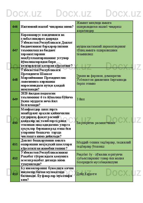 646
Ижтимоий ишлаб чиқариш нима? Жамият миқёида амалга 
ошириладиган ишлаб чиқариш 
жараёнидир 
647 Коронавирус пандемияси ва 
глобал инқироз даврида 
Ўзбекистон Республикаси Давлат 
бюджетининг барқарорлигини 
таъминлаш ва бюджет 
харажатларини 
мақбуллаштиришнинг устувор 
йўналишларидан бири 
келтирилган қаторни кўрсатинг?  муҳим ижтимоий харажатларнинг 
тўлиқ амалга оширилишини 
таъминлаш 
648 Ўзбекистон Республикаси 
Президенти Шавкат 
Мирзиёевнинг Президентлик 
лавозимига киришиш 
маросимидаги нутқи қандай 
номланади?  Эркин ва фаровон, демократик 
Ўзбекистон давлатини биргаликда 
барпо этамиз 
649 2020 йилдан педагогик 
таълимнинг 6 та йўналиш бўйича 
ўқиш муддати неча йил 
белгиланди?  3 йил 
650 Манфаатдор шахсларга 
мажбурият орқали қийинчилик 
туғдириш, фақат расмий 
қоидалар ва талабларга риоя 
этилиши мақсадидагина уларга 
ҳуқуқлар беришни рад этиш ёки 
уларнинг бошқача  тарзда 
чеклашга нима дейилади?  Бюрократик расмиятчилик 
651 Давлат бошқарувини амалга 
оширишни ноҳуқуқий шакллари 
кўрсатилган жавобни топинг?  Моддий-техник тадбирлар, ташкилий
тадбирлар ўтказиш 
652 Ўзбекистон Республикасининг 
Рақобат тўғрисидаги қонунига 
асосан рақобат деганда нима 
тушунилади?  Рақобат бу - хўжалик юритувчи 
субъектларнинг товар ёки молия 
бозоридаги мусобақалашуви 
653 Бу инсонларнинг буюклиги кичик
инсонлар билан мулоқотида 
билинади. Бу фикрлар муаллифи 
ким?  Дейл Карнеги  