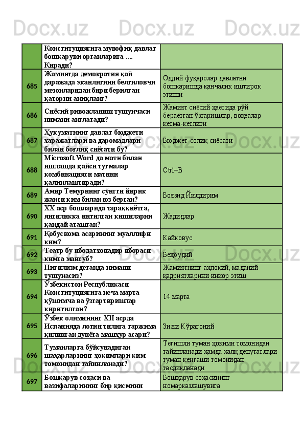Конституциясига мувофиқ давлат
бошқаруви органларига .... 
Киради? 
685 Жамиятда демократия қай 
даражада эканлигини белгиловчи 
мезонларидан бири берилган 
қаторни аниқланг?  Оддий фуқаролар давлатни 
бошқаришда қанчалик иштирок 
этиши 
686 Сиёсий ривожланиш тушунчаси 
нимани англатади?  Жамият сиёсий ҳаётида рўй 
бераётган ўзгаришлар, воқеалар 
кетма-кетлиги 
687 Ҳукуматнинг давлат бюджети 
харажатлари ва даромадлари 
билан боғлиқ сиёсати бу?  Бюджет-солиқ сиёсати 
688 Microsoft Word да матн билан 
ишлашда қайси тугмалар 
комбинацияси матнни 
қалинлаштиради?  Ctrl+B 
689 Амир Темурнинг сўнгги йирик 
жанги ким билан юз берган?  Боязид Йилдирим 
690 XX аср бошларида тараққиётга, 
янгиликка интилган кишиларни 
қандай аташган?  Жадидлар 
691 Қобуснома асарининг муаллифи 
ким?  Кайковус 
692 Театр бу ибодатхонадир ибораси 
кимга мансуб?  Беҳбудий 
693 Нигилизм деганда нимани 
тушунасиз?  Жамиятнинг аҳлоқий, маданий 
қадриятларини инкор этиш 
694 Ўзбекистон Республикаси 
Конституциясига неча марта 
қўшимча ва ўзгартиришлар 
киритилган?  14 марта 
695 Ўзбек олимининг XII асрда 
Испанияда лотин тилига таржима
қилинган дунёга машҳур асари?  Зижи Кўрагоний 
696 Туманларга бўйсунадиган 
шаҳарларнинг ҳокимлари ким 
томонидан тайинланади?  Тегишли туман ҳокими томонидан 
тайинланади ҳамда халқ депутатлари 
туман кенгаши томонидан 
тасдиқланади 
697 Бошқарув соҳаси ва 
вазифаларининг бир қисмини  Бошқарув соҳасининг 
номарказлашувига  