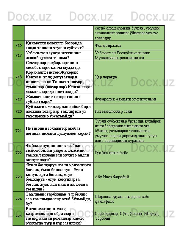 сотиб олиш мумкин бўлган, умумий 
эквивалент ролини ўйновчи махсус 
товардир 
716 Қимматли қоғозлар бозорида 
савдо ташкил этувчи субъект?  Фонд биржаси 
717 Ўзбекистон сувернитетининг 
асосий ҳужжати нима?  Ўзбекистон Республикасининг 
Мустақиллик декларацияси 
718 Секторлар раҳбарларининг 
ҳисоботлари қанча муддатда 
Қорақалпоғистон Жўқорғи 
Кенгеси, халқ депутатлари 
вилоятлар ва Тошкент шаҳар, 
туманлар (шаҳарлар) Кенгашлари
мажлисларида эшитилади?  Ҳар чоракда 
719 Жамоатчилик назоратининг 
субъектлари?  Фуқаролик жамияти игститутлари 
720 Қуйидаги омиллардан қайси бири
алоҳида товарлар таклифига ўз 
таъсирини кўрсатмайди?  Истеъмолчилар сони 
721 Иқтисодий соҳадаги рақобат 
деганда нимани тушунмоқ керак?  Турли субъектлар ўртасида қулайроқ 
ишлаб чиқариш шароитига эга 
бўлиш, унумлироқ технология, 
умуман юқори даромад олиш учун 
олиб бориладиган курашни 
722 Фойдаланувчининг ҳисоблаш 
тизими билан ўзаро алоқасини 
ташкил қиладиган муҳит қандай 
аниқланади?  График интерфейс 
723 Яхши бошқарув яхши қонунларга
боғлиқ, ёмон бошқарув - ёмон 
қонунларга боғлиқ, етук 
бошқарув - етук қонунларга 
боғлиқ жумласи қайси алломага 
тегишли?  Абу Наср Фаробий 
724 Таълимни тарбиядан, тарбияни 
эса таълимдан ажратиб бўлмайди,
бу?  Шарқона қараш, шарқона ҳаёт 
фалсафаси 
725 Ватанимизнинг халқ 
қаҳрамонлари образлари 
тасвирланган романлар қайси 
рўйхатда тўғри кўрсатилган?  Сарбадорлар, Сўғд ўғлони, Маҳмуд 
Торобий  