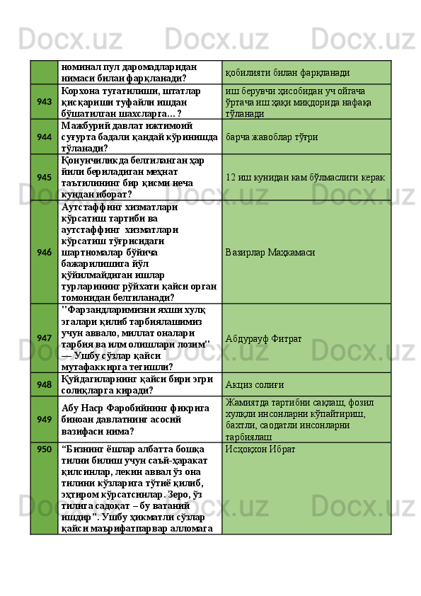 номинал пул даромадларидан 
нимаси билан фарқланади?  қобилияти билан фарқланади 
943 Корхона тугатилиши, штатлар 
қисқариши туфайли ишдан 
бўшатилган шахсларга…?  иш берувчи ҳисобидан уч ойгача 
ўртача иш ҳақи миқдорида нафақа 
тўланади 
944 Мажбурий давлат ижтимоий 
суғурта бадали қандай кўринишда
тўланади?  барча жавоблар тўғри 
945 Қонунчиликда белгиланган ҳар 
йили бериладиган меҳнат 
таътилининг бир қисми неча 
кундан иборат?  12 иш кунидан кам бўлмаслиги керак 
946 Аутстаффинг хизматлари 
кўрсатиш тартиби ва 
аутстаффинг  хизматлари 
кўрсатиш тўғрисидаги 
шартномалар бўйича 
бажарилишига йўл 
қўйилмайдиган ишлар 
турларининг рўйхати қайси орган
томонидан белгиланади?  Вазирлар Маҳкамаси 
947 "Фарзандларимизни яхши хулқ 
эгалари қилиб тарбиялашимиз 
учун аввало, миллат оналари 
тарбия ва илм олишлари лозим" 
— Ушбу сўзлар қайси 
мутафаккирга тегишли?  Абдурауф Фитрат 
948 Қуйдагиларнинг қайси бири эгри 
солиқларга киради?  Акциз солиғи 
949 Абу Наср Фаробийнинг фикрига 
биноан давлатнинг асосий 
вазифаси нима?  Жамиятда тартибни сақлаш, фозил 
хулқли инсонларни кўпайтириш, 
бахтли, саодатли инсонларни 
тарбиялаш 
950 “Бизнинг ёшлар албатта бошқа 
тилни билиш учун саъй-ҳаракат 
қилсинлар, лекин аввал ўз она 
тилини кўзларига тўтиё қилиб, 
эҳтиром кўрсатсинлар. Зеро, ўз 
тилига садоқат – бу ватаний 
ишдир”. Ушбу ҳикматли сўзлар 
қайси маърифатпарвар алломага  Исҳоқхон Ибрат  