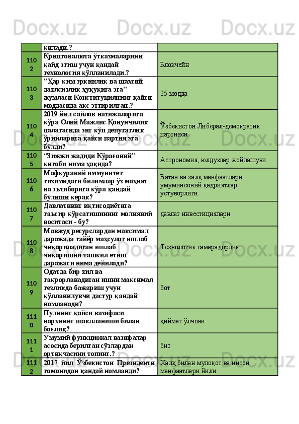 қилади.? 
110
2 Криптовалюта ўтказмаларини 
қайд этиш учун қандай 
технология қўлланилади.?  Блокчейн 
110
3 "Ҳар ким эркинлик ва шахсий 
дахлсизлик ҳуқуқига эга" 
жумласи Конституциянинг қайси 
моддасида акс эттирилган.?  25 модда 
110
4 2019 йил сайлов натижаларига 
кўра Олий Мажлис Қонунчилик 
палатасида энг кўп депутатлик 
ўринларига қайси партия эга 
бўлди?  Ўзбекистон Либерал-демократик 
партияси 
110
5 “Зижжи жадиди Кўрағоний” 
китоби нима ҳақида?  Астрономия, юлдузлар жойлашуви 
110
6 Мафкуравий иммунитет 
тизимидаги билимлар ўз моҳият 
ва эътиборига кўра қандай 
бўлиши керак?  Ватан ва халқ манфаатлари, 
умуминсоний қадриятлар 
устуворлиги 
110
7 Давлатнинг иқтисодиётига 
таъсир кўрсатишининг молиявий 
воситаси - бу?  давлат инвестициялари 
110
8 Мавжуд ресурслардан максимал 
даражада тайёр маҳсулот ишлаб 
чиқариладиган ишлаб 
чиқаришни ташкил етиш 
даражаси нима дейилади?  Технологик самарадорлик 
110
9 Одатда бир хил ва 
такрорланадиган ишни максимал 
тезликда бажариш учун 
қўлланилувчи дастур қандай 
номланади?  бот 
111
0 Пулнинг қайси вазифаси 
нархнинг шаклланиши билан 
боғлиқ?  қиймат ўлчови 
111
1 Умумий функционал вазифалар 
асосида берилган сўзлардан 
ортиқчасини топинг.?  бит 
111
2 2017   йил   Ўзбекистон   Президенти
томонидан қандай номланди?  Халқ билан мулоқот ва инсон 
манфаатлари йили  