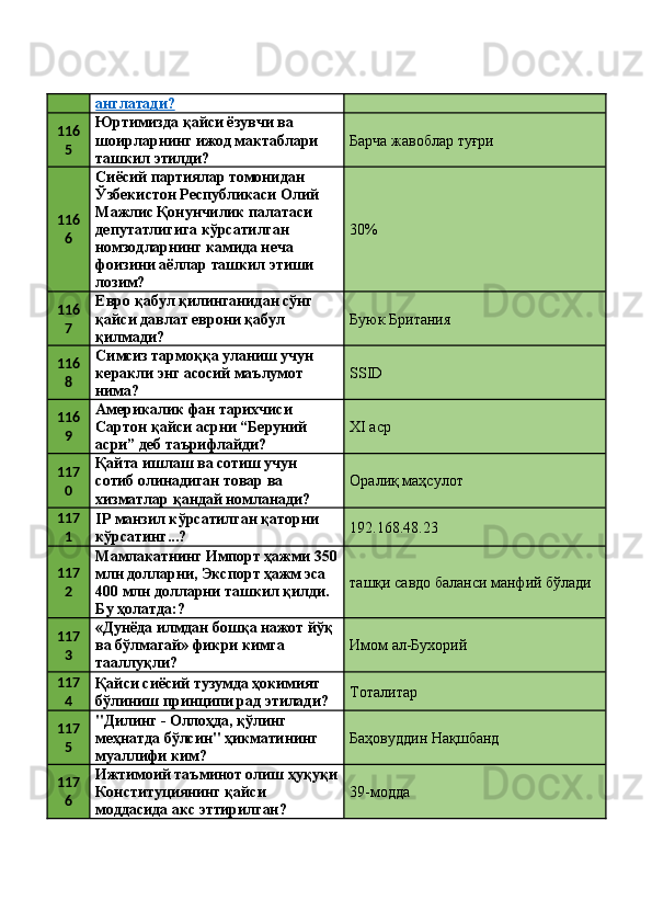 англатади?  
116
5 Юртимизда қайси ёзувчи ва 
шоирларнинг ижод мактаблари 
ташкил этилди?  Барча жавоблар туғри 
116
6 Сиёсий партиялар томонидан 
Ўзбекистон Республикаси Олий 
Мажлис Қонунчилик палатаси 
депутатлигига кўрсатилган 
номзодларнинг камида неча 
фоизини аёллар ташкил этиши 
лозим?  30%
116
7 Евро қабул қилинганидан сўнг 
қайси давлат еврони қабул 
қилмади?  Буюк Британия 
116
8 Симсиз тармоққа уланиш учун 
керакли энг асосий маълумот 
нима?  SSID 
116
9 Америкалик фан тарихчиси 
Сартон қайси асрни “Беруний 
асри” деб таърифлайди?  XI аср 
117
0 Қайта ишлаш ва сотиш учун 
сотиб олинадиган товар ва 
хизматлар қандай номланади?  Оралиқ маҳсулот 
117
1 IP манзил кўрсатилган қаторни 
кўрсатинг...?  192.168.48.23 
117
2 Мамлакатнинг Импорт ҳажми 350
млн долларни, Экспорт ҳажм эса 
400 млн долларни ташкил қилди. 
Бу ҳолатда:?  ташқи савдо баланси манфий бўлади 
117
3 «Дунёда илмдан бошқа нажот йўқ 
ва бўлмагай» фикри кимга 
тааллуқли?  Имом ал-Бухорий 
117
4 Қайси сиёсий тузумда ҳокимият 
бўлиниш принципи рад этилади?  Тоталитар 
117
5 "Дилинг - Оллоҳда, қўлинг 
меҳнатда бўлсин" ҳикматининг 
муаллифи ким?  Баҳовуддин Нақшбанд 
117
6 Ижтимоий таъминот олиш ҳуқуқи
Конституциянинг қайси 
моддасида акс эттирилган?  39-модда  
