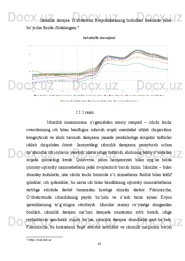                 Ishsizlik   darajasi   O’zbekiston   Respublikasining   hududlari   kesimida   yillar
bo’yicha foizda ifodalangani: 2
 
                                             2.1.1 rasm
                Ishsizlik   muammosini   o’rganishdan   asosiy   maqsad   –   ishchi   kuchi
resurslarining   ish   bilan   bandligini   oshirish   orqali   mamlakat   ishlab   chiqarishini
kengaytirish   va   aholi   turmush   darajasini   yanada   yaxshilashga   aloqador   tadbirlar
ishlab   chiqishdan   iborat.   Jamiyatdagi   ishsizlik   darajasini   pasaytirish   uchun
qo’shimcha ish joylarini yaratish, ularni ishga tushirish, aholining tabiiy o’sishidan
orqada   qolmasligi   kerak.   Qolaversa,   jahon   hamjamiyati   bilan   uyg’un   holda
ijtimoiy-iqtisodiy munosabatlarni jadal rivojlantirib borish lozim. Ishsizlar – bular
shunday  kishilarki, ular   ishchi   kuchi  bozorida o’z  xizmatlarini   faollik  bilan taklif
qiladilar,   ish   qidiradilar,  bu   narsa   ish   bilan  bandlikning   iqtisodiy   munosabatlarini
tartibga   solishda   davlat   tomonidan   hisobga   olinishi   darkor.   Fikrimizcha,
O’zbekistonda   ishsizlikning   paydo   bo’lishi   va   o’sish   tarixi   aynan   Keyns
qarashlarining   to’g’riligini   isbotlaydi.   Ishsizlar   rasmiy   ro’yxatga   olingandan
boshlab,   ishsizlik   darajasi   ma’lum   darajada   muntazam   ortib   boradi,   ishga
joylashtirish   qanchalik   yuqori   bo’lsa,   ishsizlik   darajasi   shunchalik   past   bo’ladi.
Fikrimizcha, bu hodisalarni  faqat  statistik  xatoliklar  va ishsizlik  maqomini  berish
2
  https://siat.stat.uz
24 